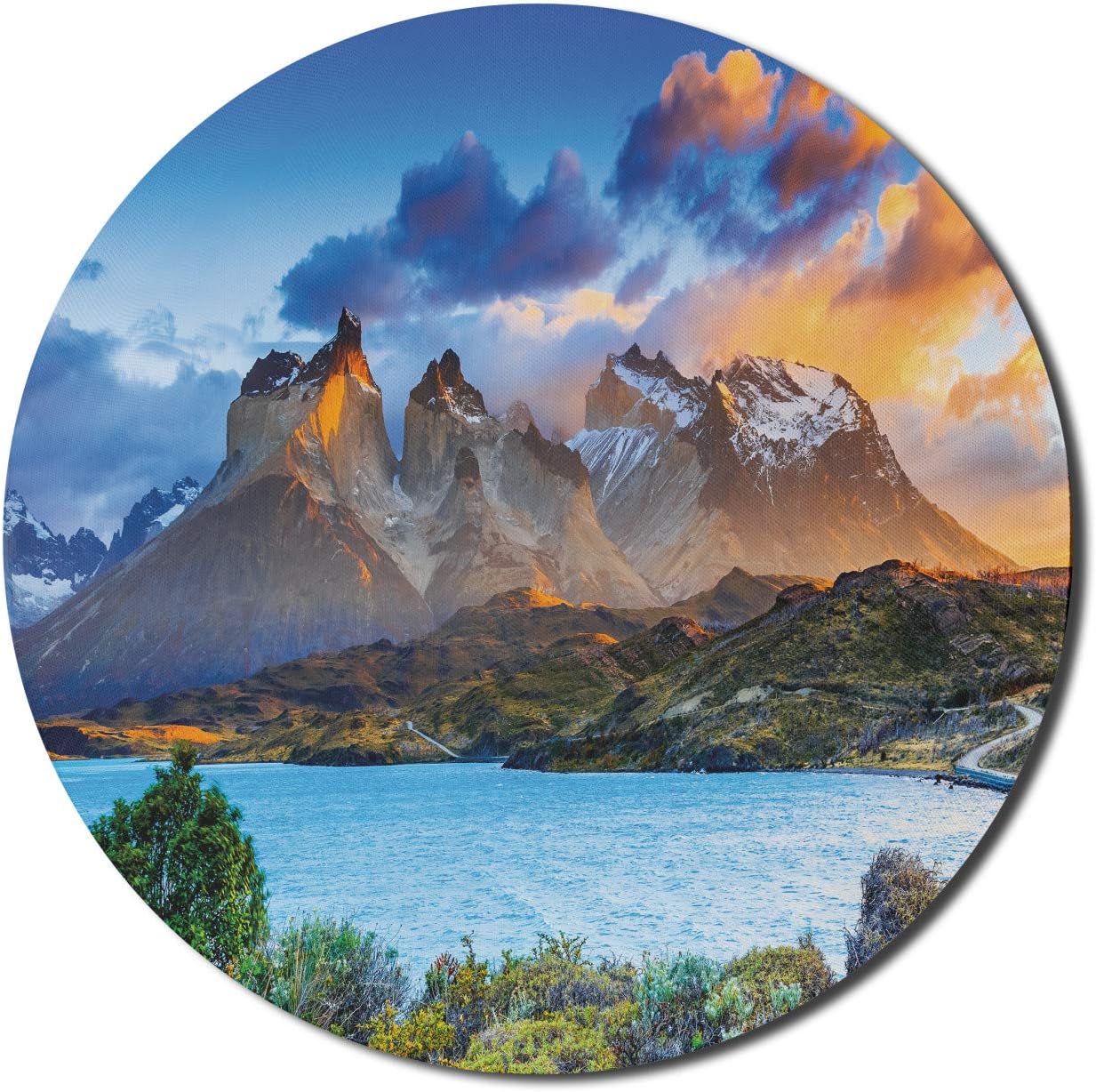 Ambesonne Colorful Mouse Pad for Computers, Landscape Image of Pehoe Lake at Torres Del Paine National Park, Round Non-Slip Thick Rubber Modern Gaming Mousepad, 8 Round, Azure Blue and Multicolor