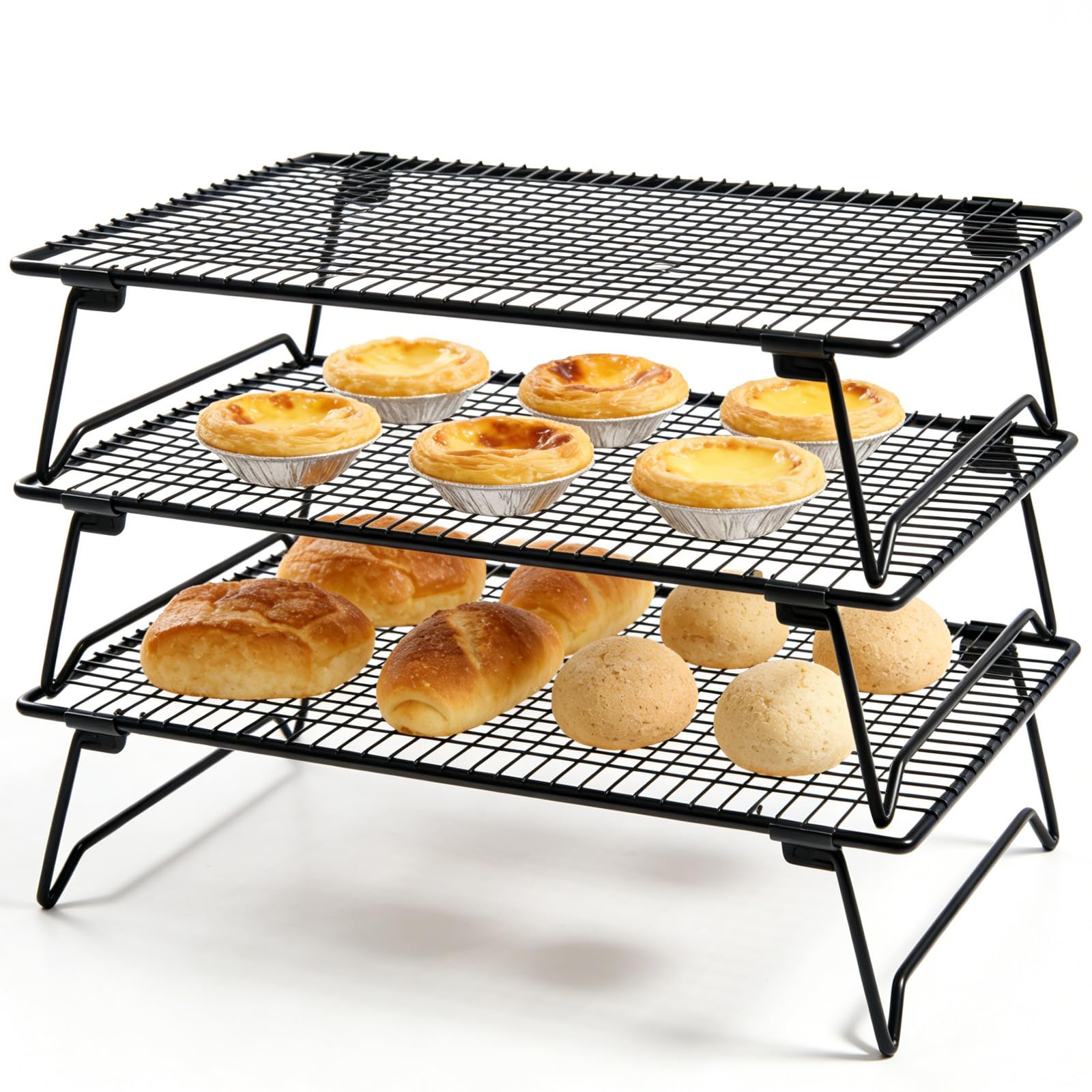 Grille de Refroidissement Patisserie 3 Niveaux Acier Carbone Antiadhésive 43x28x8cm Pliable Empilable