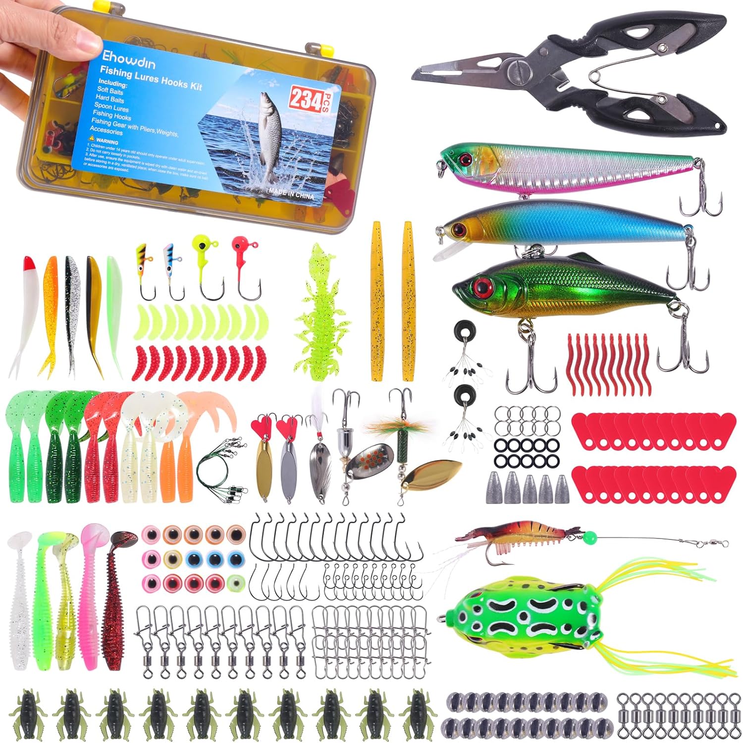 140/234PCS Fishing Lures Kit, Fishing Gear Tackle Box Kit with Pliers, Bionic Baits,Spoon Lures, Hooks, Weights Freshwater, Saltwater and Accessories for Men Women Kids (234PCS)