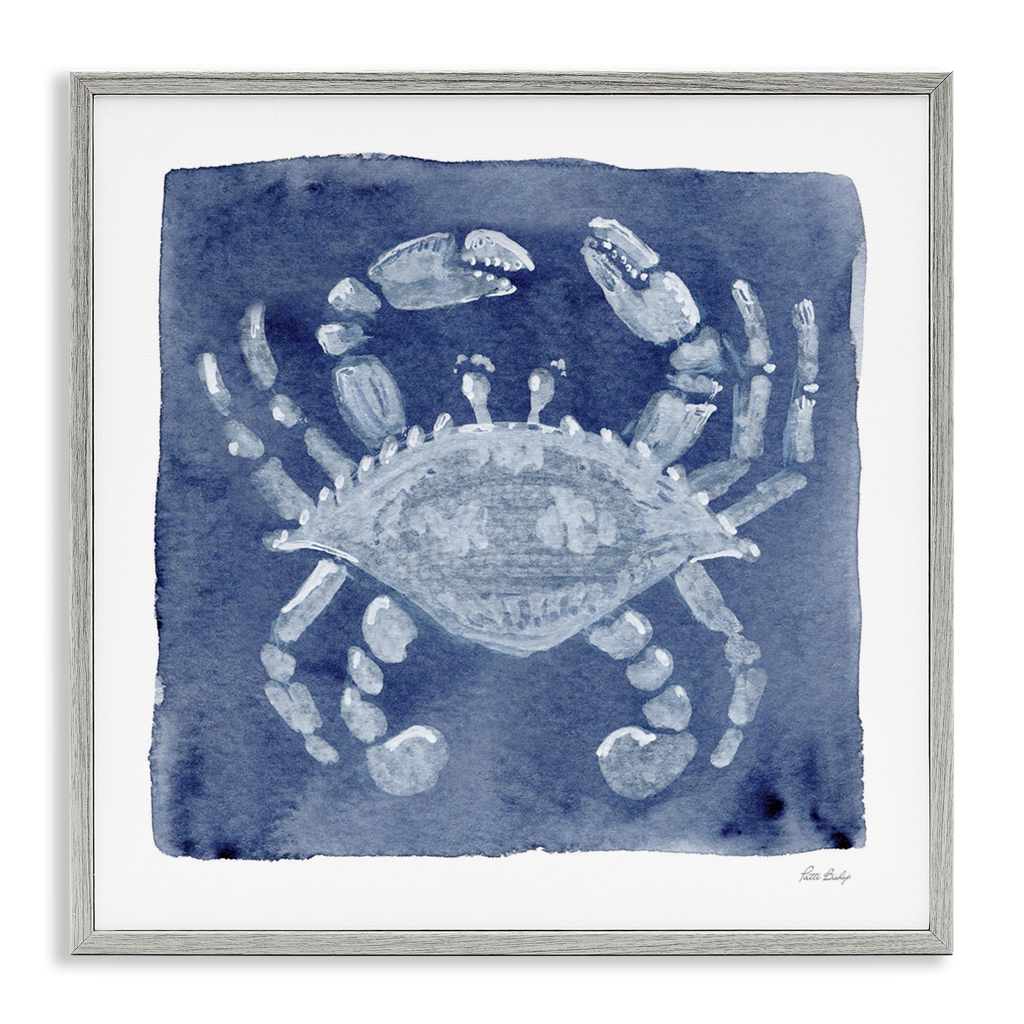 Stupell Industries White Crab Indigo Watercolor 'White Crab On Indigo', Framed Giclee Art, Gray, 12 X 12 Inches, Easy To Hang And Sturdy, Made In Usa, By Patti Bishop