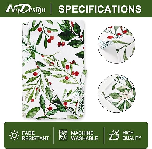 Miniatura 7 de AnyDesign Mantel de Navidad rectangular de tela con bayas de acebo, lavable, para mesa de picnic, mesa de comedor, hogar, cocina, decoración de