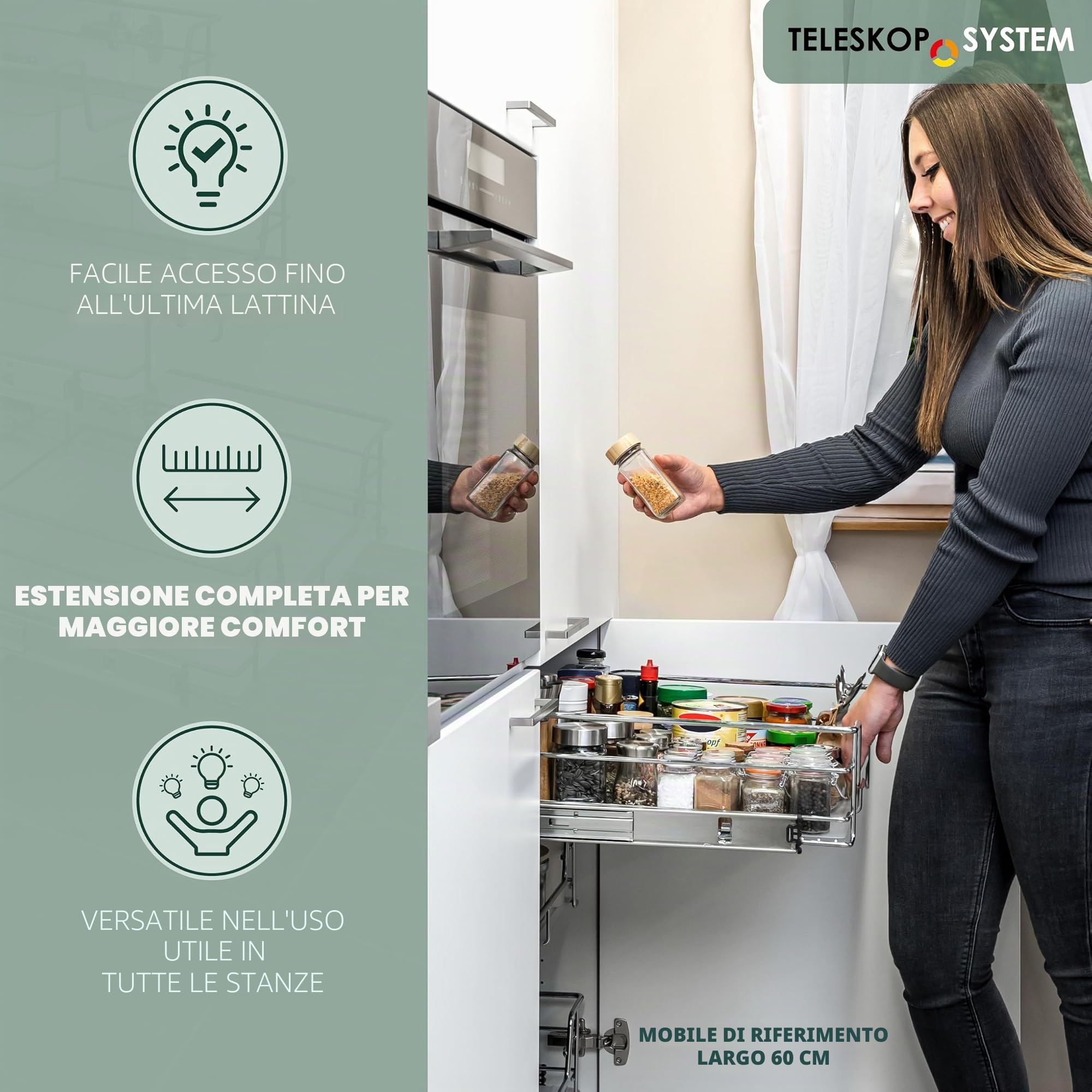 bremermann Set di 2 cassetti telescopici - 45 cm con ripiano, cassetto da cucina per installazione successiva, estrazione completa con guide telescopiche, ideale per cucina, bagno e camera da letto