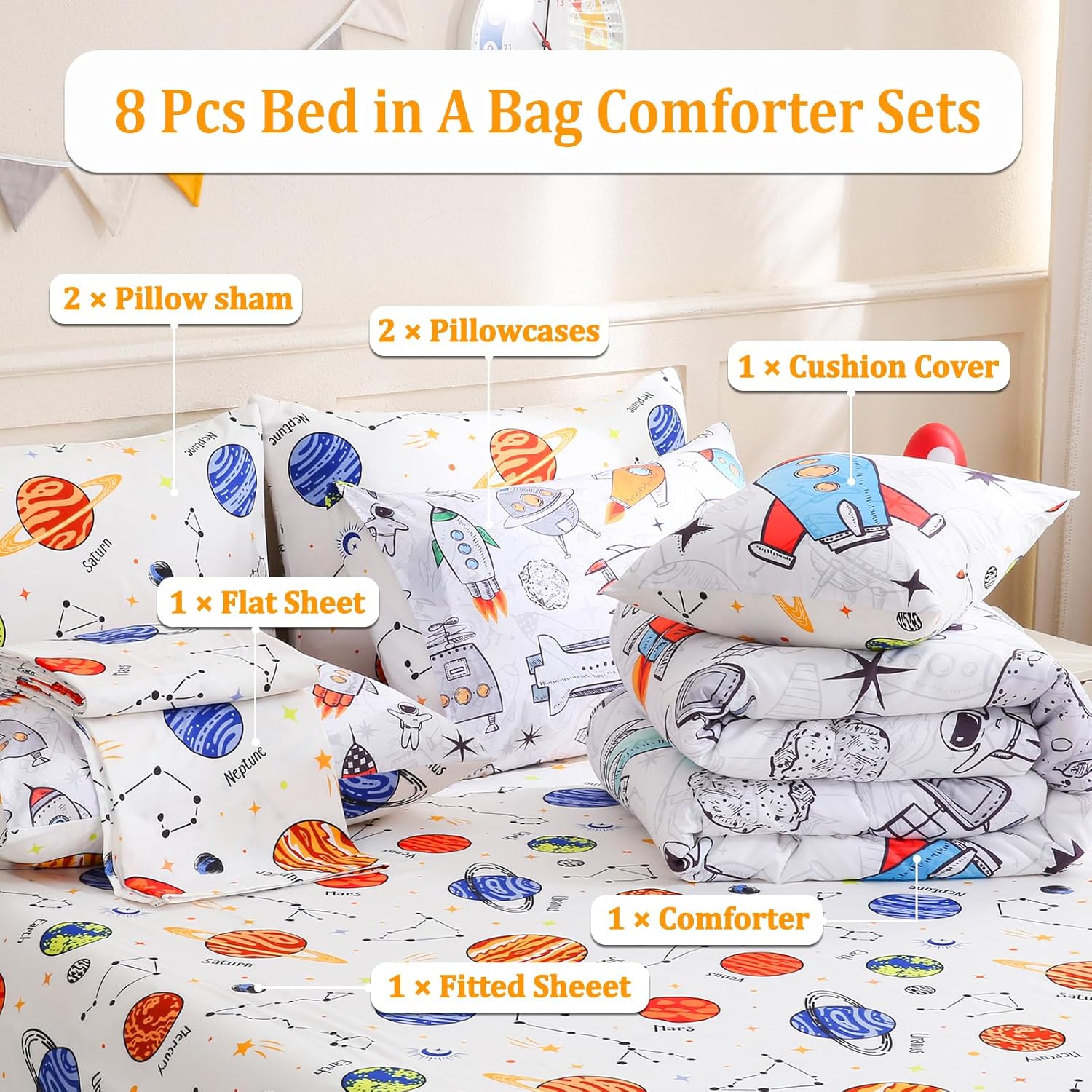 8 Pieces Full Size Comforter Sets Bed in a Bag for Kids,Space Rocket Astronaut Comforter,Solar System Planet Bedding Sets with Sheets for Boys Girls