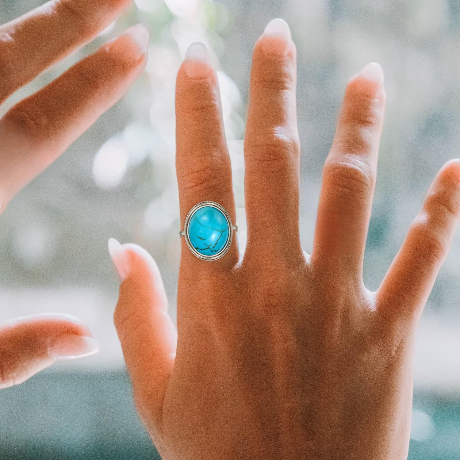 Genuine Turquoise Ring, Sterling Silver Boho Vintage Nature Native Round December Birthstone Rings for Women, Sizes 4 to 12 - Image 3