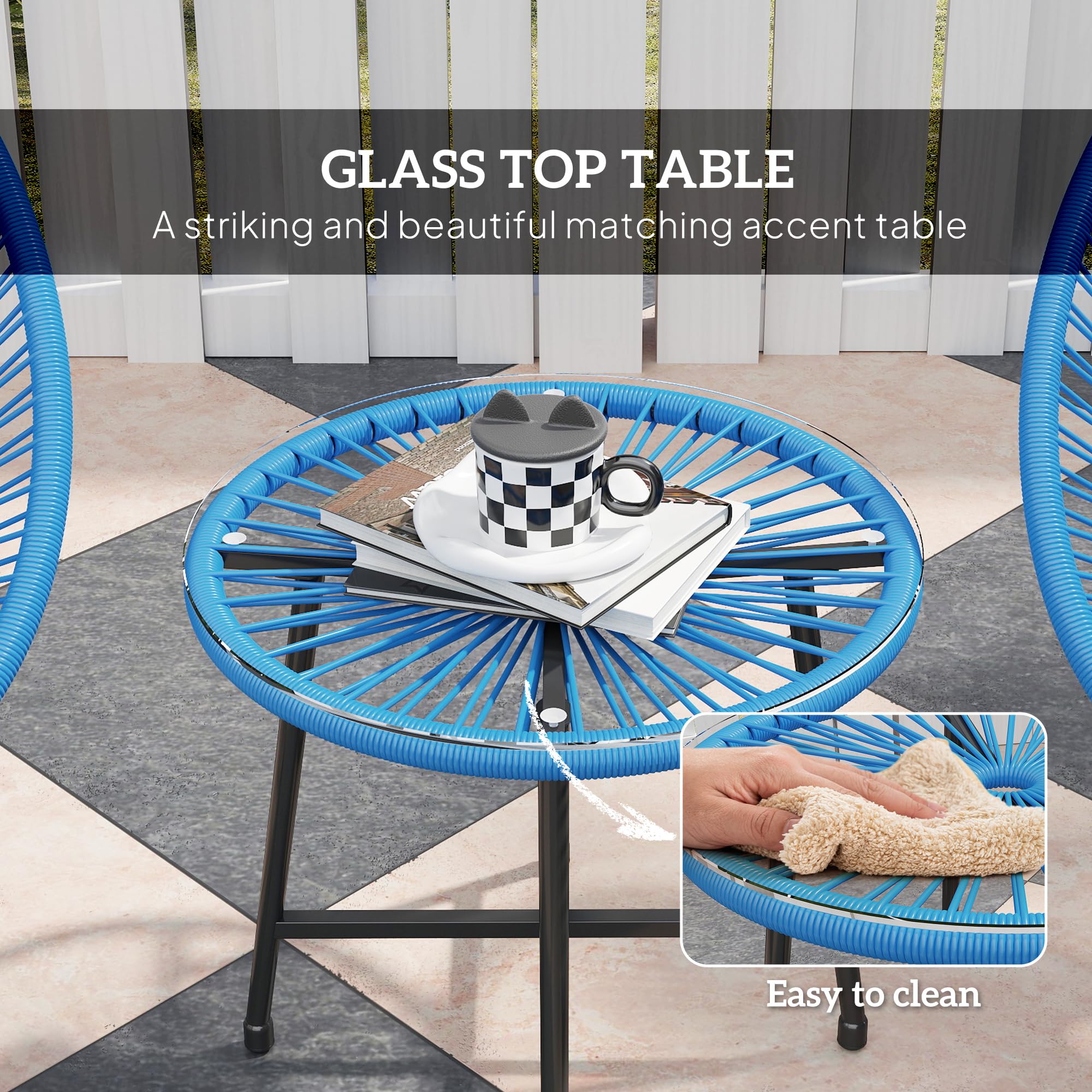 Outsunny Set de Exterior Jardín Mimbre 2 plazas Azul | Mesa de exterior con 2 sillas, sobre de vidrio templado, muebles de jardín para balcón terraza patio
