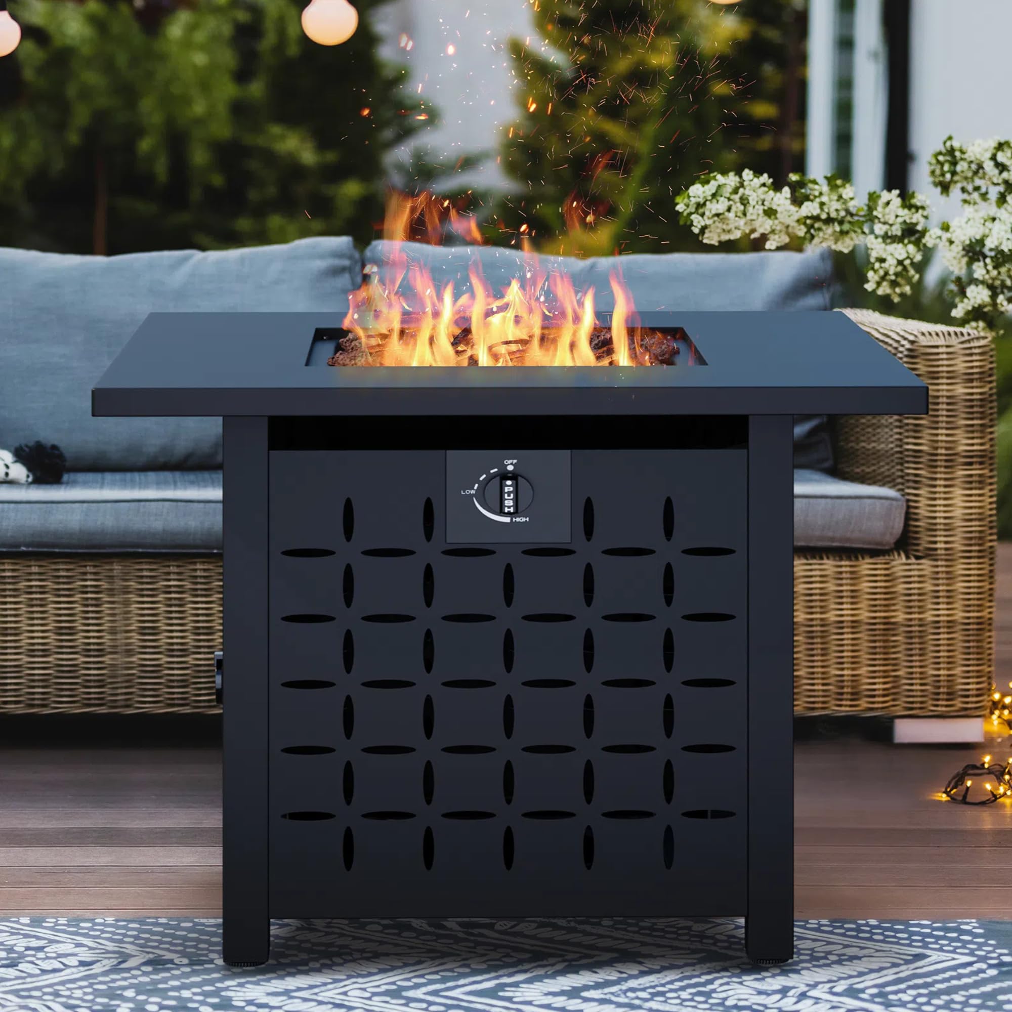 Vongrasig 28" Gas Fire Pit, 50,000 BTU Steel Propane Fire Pit Table for Outdoor Outside, Outside Patio Deck and Garden, CSA Certified Fire Table with Lid and Lava Rock