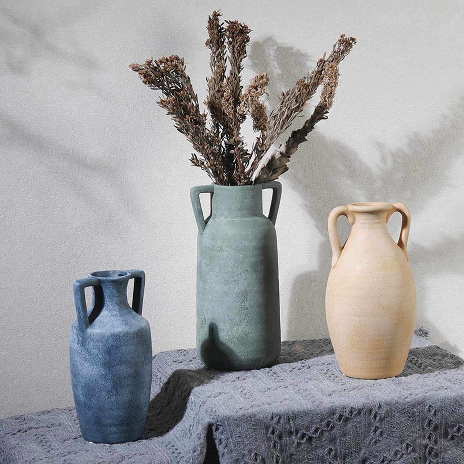 Ceramiczny wazon wiejski, rustykalny wazon, dekoracyjny ceramika, wysokie wazony do dekoracji domu, na stół, do salonu, ciemnożółty