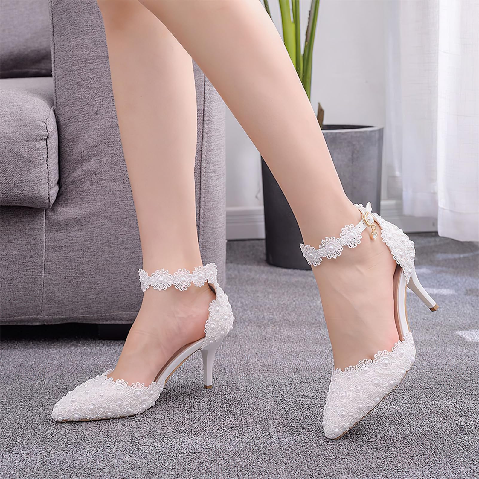 Donna Pizzo Floreale Perle Scarpe da Sposa | Tacco a Spillo, Décolleté a Punta, Eleganti e Raffinate, per Matrimoni, Balli di Fine Anno e Cocktail