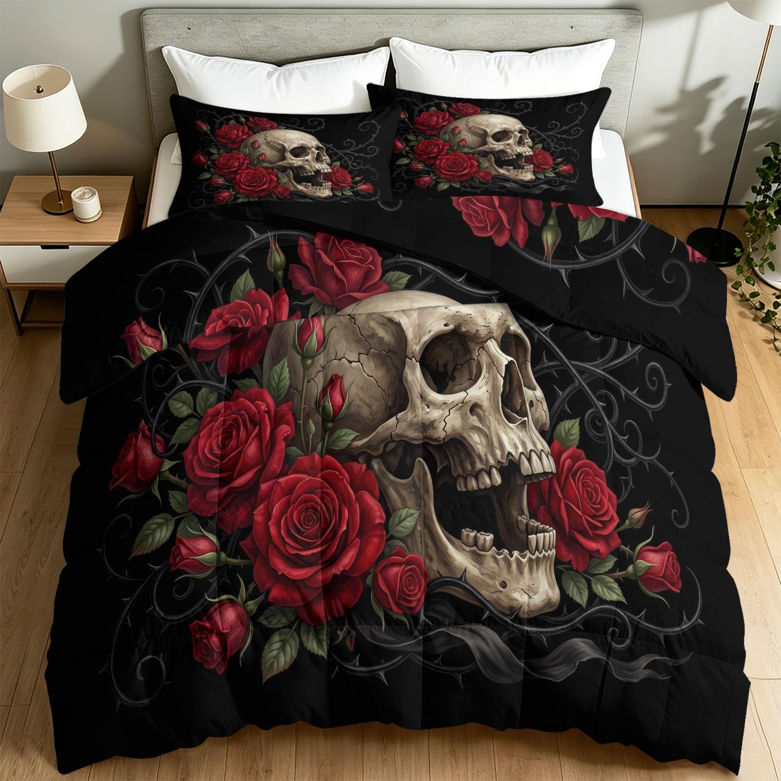 Ciemny styl gotycki kołdra bez poszewki 155 x 220 cm – czarna, na 4 pory roku, dwustronna, pikowana kołdra do pokoju dziewczynki, nadaje się do prania, chłodna, czerwona, różowa, czaszka, miękka