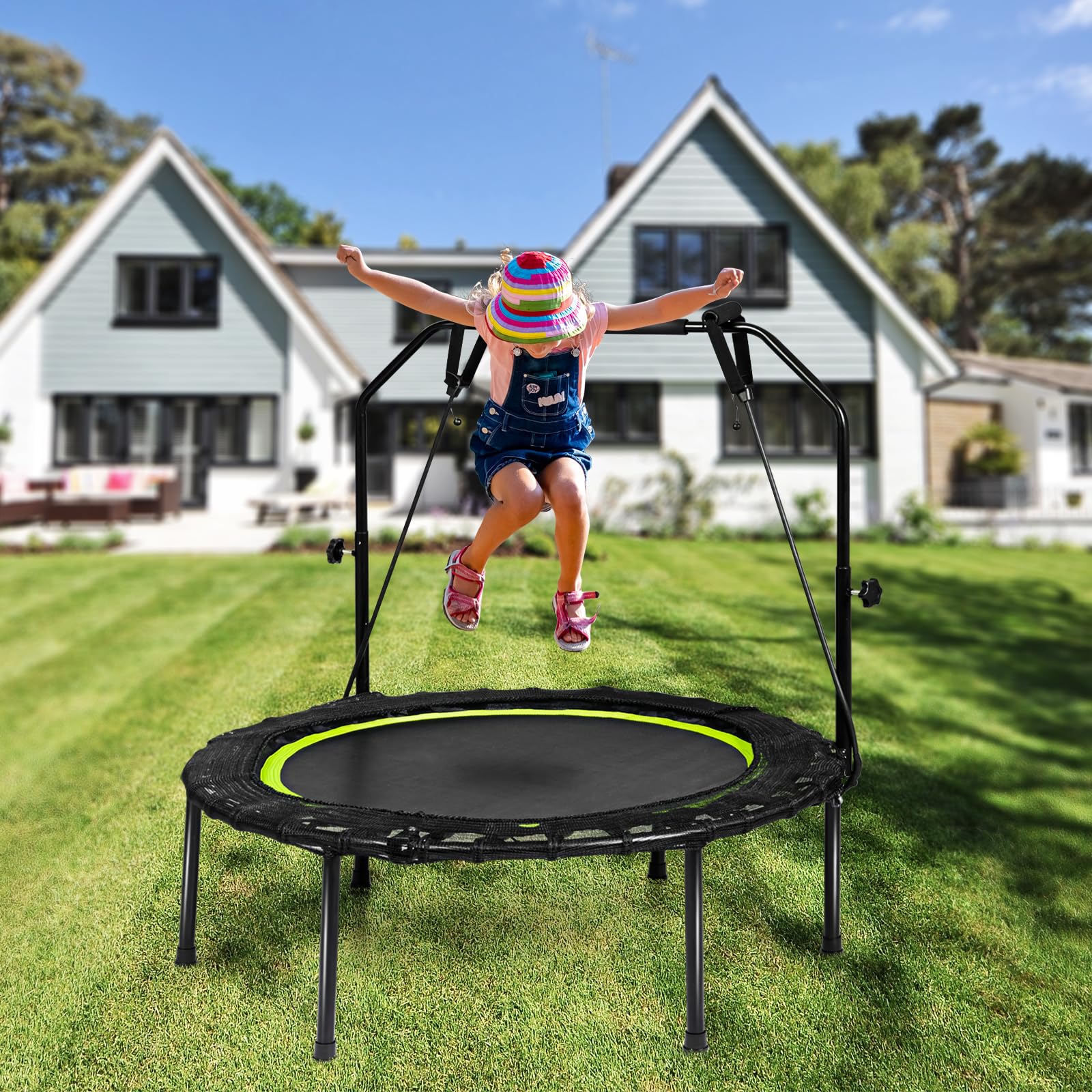 KOMFOTTEU Trampolino Fitness Ø101 cm con Carico di 150 kg, Trampolino Elastico con 2 Fasce di Resistenza e Manico Regolabile in 4 Livelli, Mini Trampolino di Rimbalzo Pieghevole per Adulti e Bambini