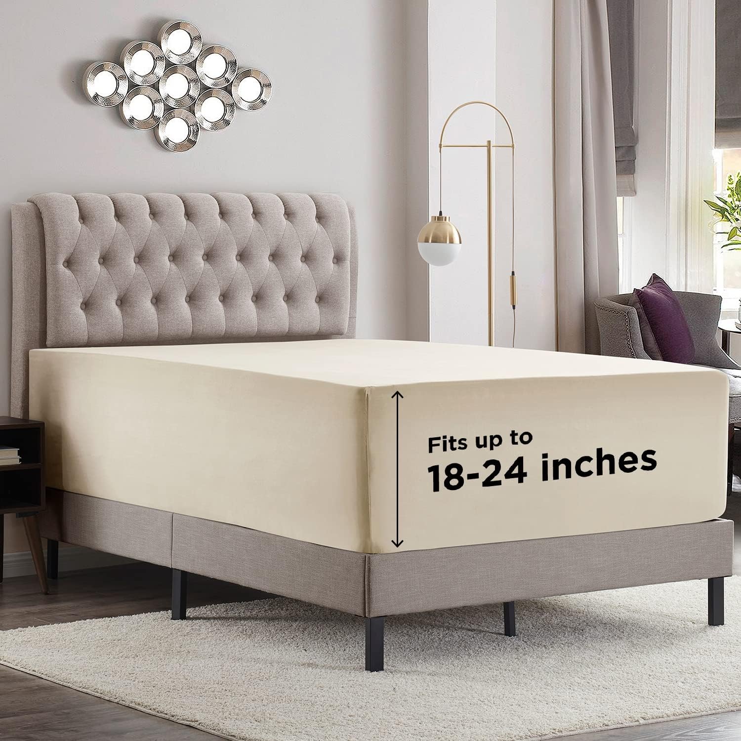 Empyrean Beige Cream Fitted Sheet Extra Deep Pocket, Hotel Luxury Cal King Fitted Sheet Only Easily Fits 18 to 24 Inch Mattress, Super Soft, Wrinkle-Free, and Breathable with Corner Straps