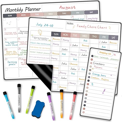 Juego de calendario mensual de 3 piezas de tabla magnética de tareas, 13 x 17 pulgadas, tablero de tareas de borrado en seco para nevera con pizarra