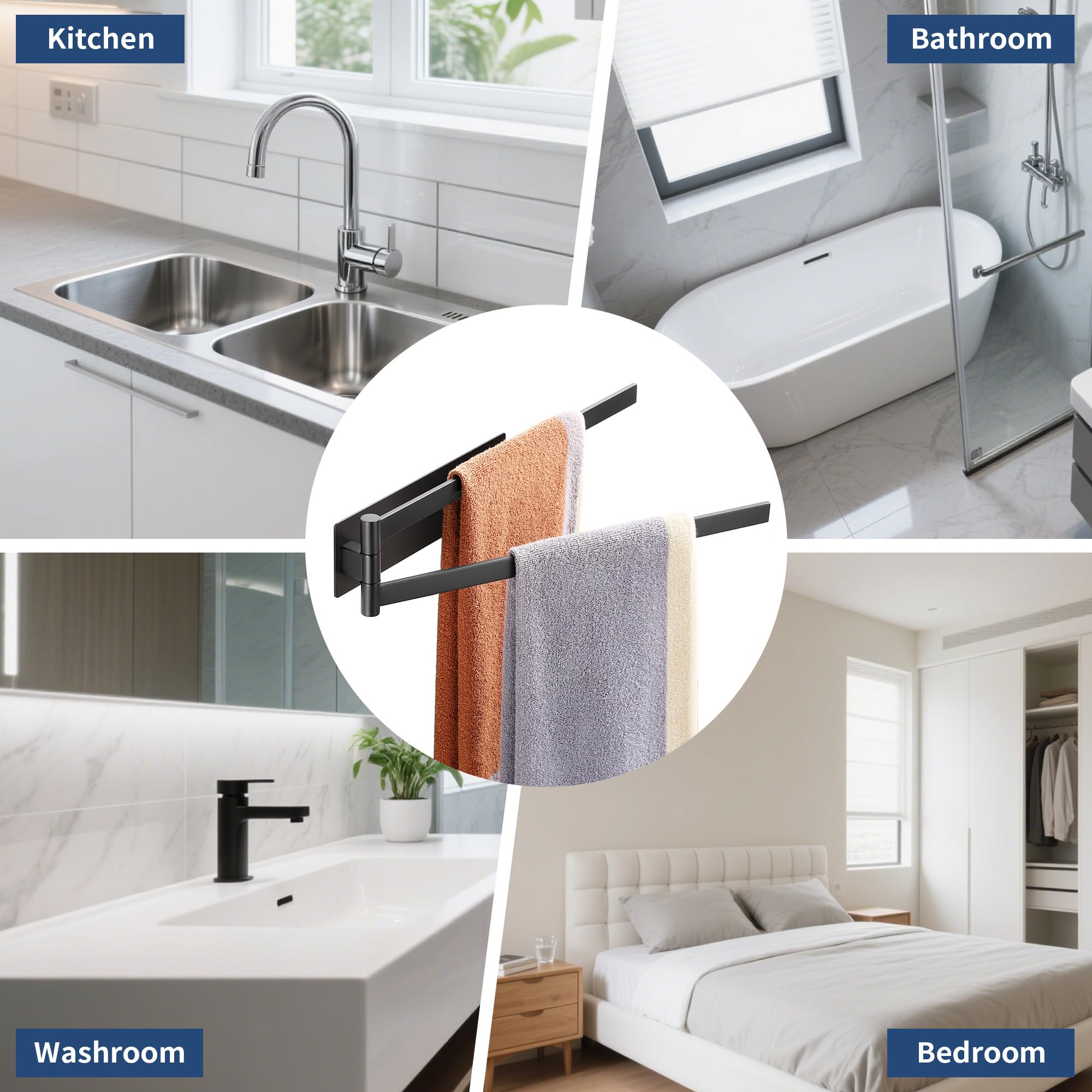 Porta Asciugamani Bagno Adesivo, Adesivo Portasciugamani Doppio e Girevole a 180°, Senza Foratura Porta Asciugamano da Parete in Acciaio SUS304, Nero Porta Salviette da Cucina e Doccia, 39cm
