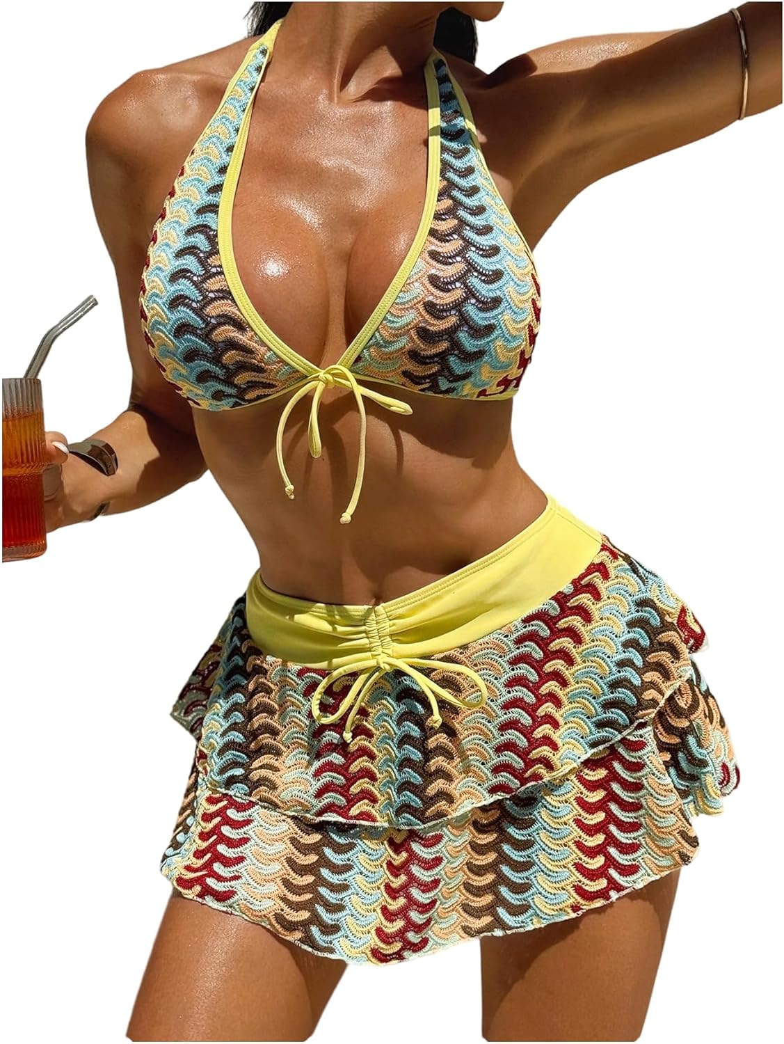 SOLY HUX Women's 3 Piece Swimsuit Crochet Deep V Halter Bikini Set Bathing Suit with Ruffle Cover Up Skirt