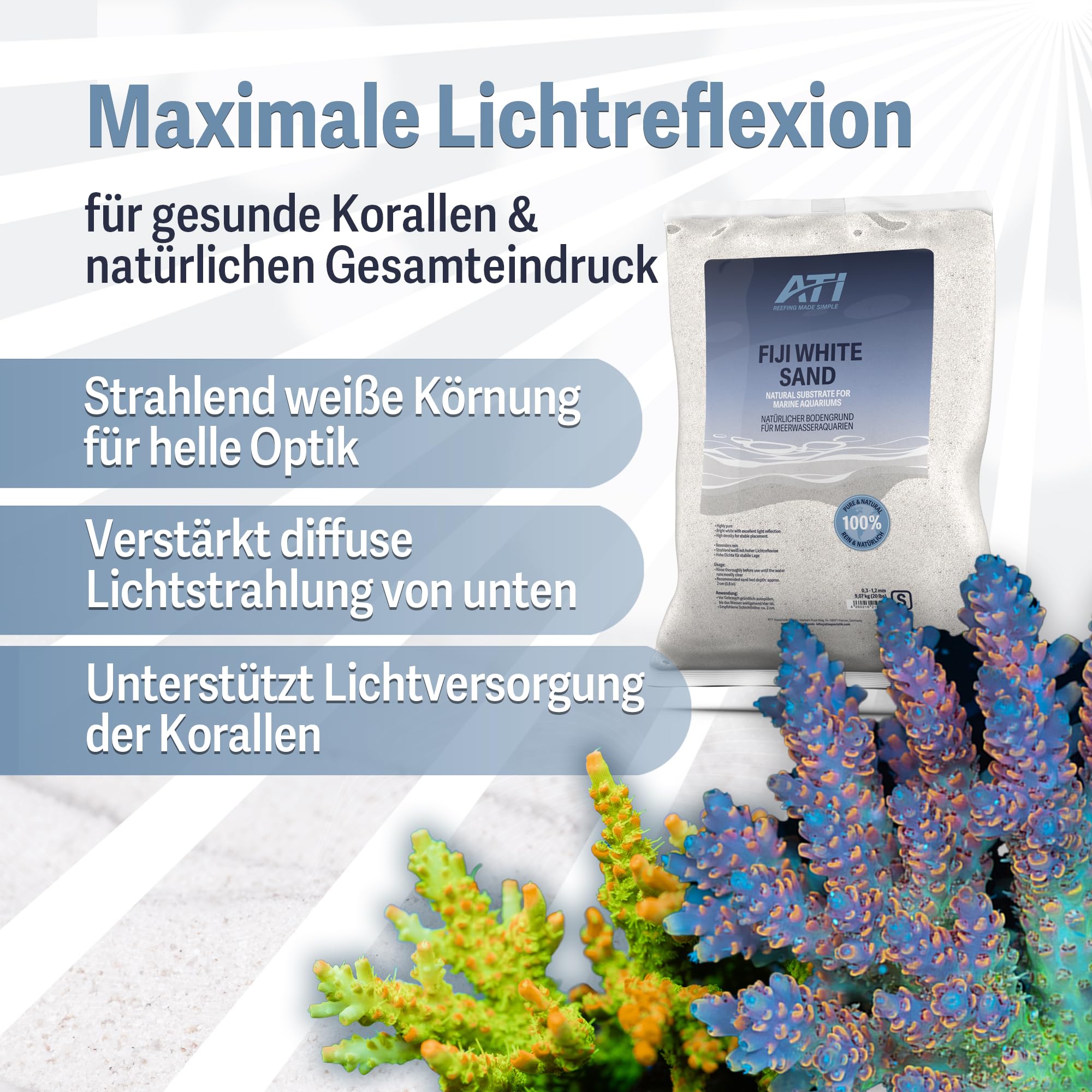 ATI Fiji White Sand M – strahlend weißer natürlicher Bodengrund für Meerwasseraquarien, hohe Reinheit, sehr Gute Lichtreflexion, 1,0–2,0 mm, 9,07 kg