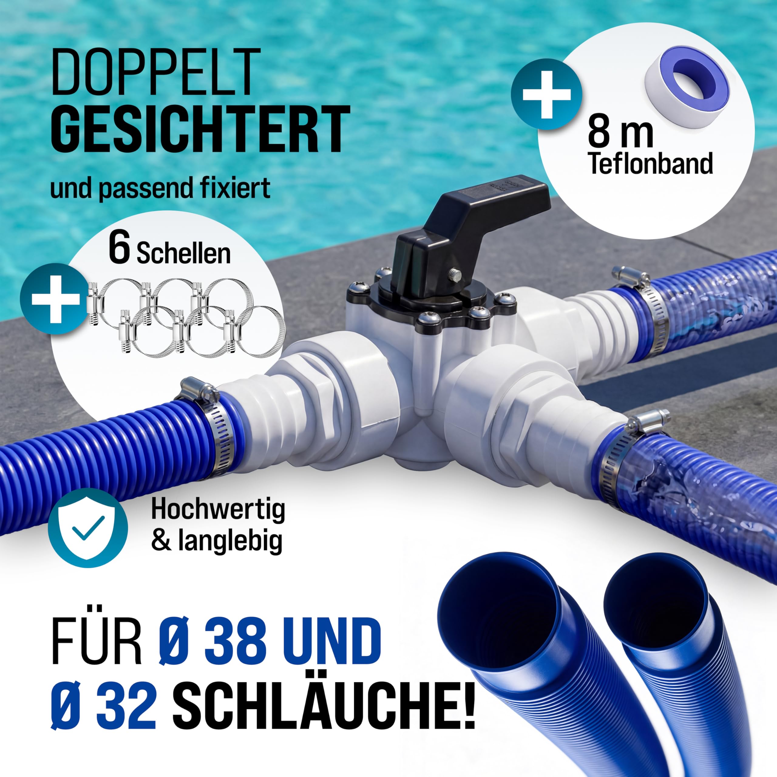 MONZANA® Bypass Set Pool 12-teilig 3 Wege Ventil Anschluss Ø 32/38mm Schlauchschellen Sandfilteranlagen Poolheizung Wärmepumpe Solarheizung