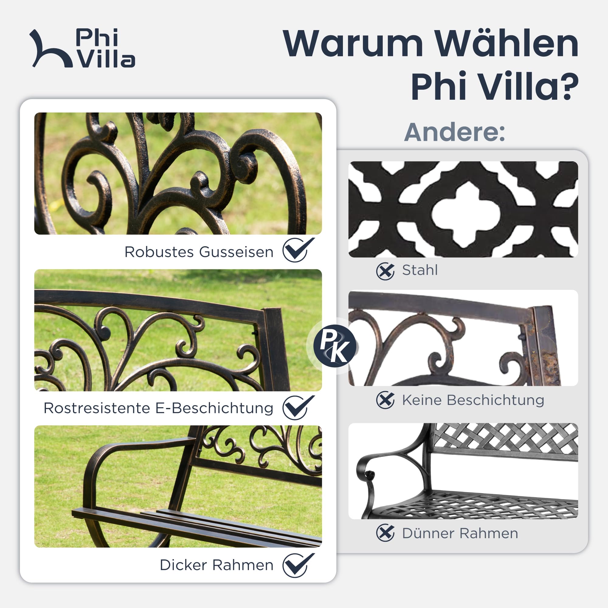 PHI VILLA Gartenbank Metall Rostfrei Rückenlehne aus Gusseisen Stahlrahmen 2-3 Sitzer Bank Outdoor mit Floralem Design für Park, Garten und Terrasse Bronze