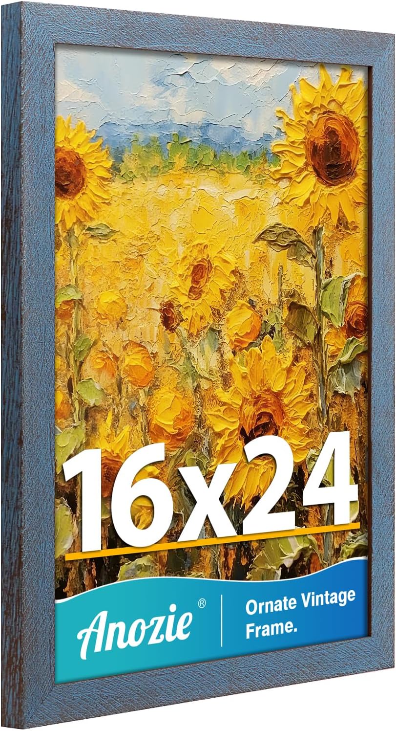 16x24 Poster Frame, Vintage 16 x 24 Picture Frame Plexiglass Glass for Wall Display, Rustic 16x24 Photo Picture Frame, Antique Blue Collage Gallery Wall Picture Frames, Widen Border Blue 16x24