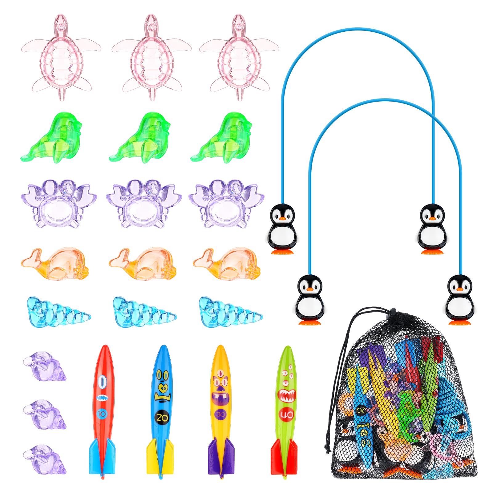 Juguete de Buceo para Niños, 25 Piezas Juegos de Agua de Piscina Juguete Aventura Subacuática Entrenamiento con Anillos, Torpedos, Gemas, Bolsa de Almacenamiento, Juegos de Agua Verano Piscina