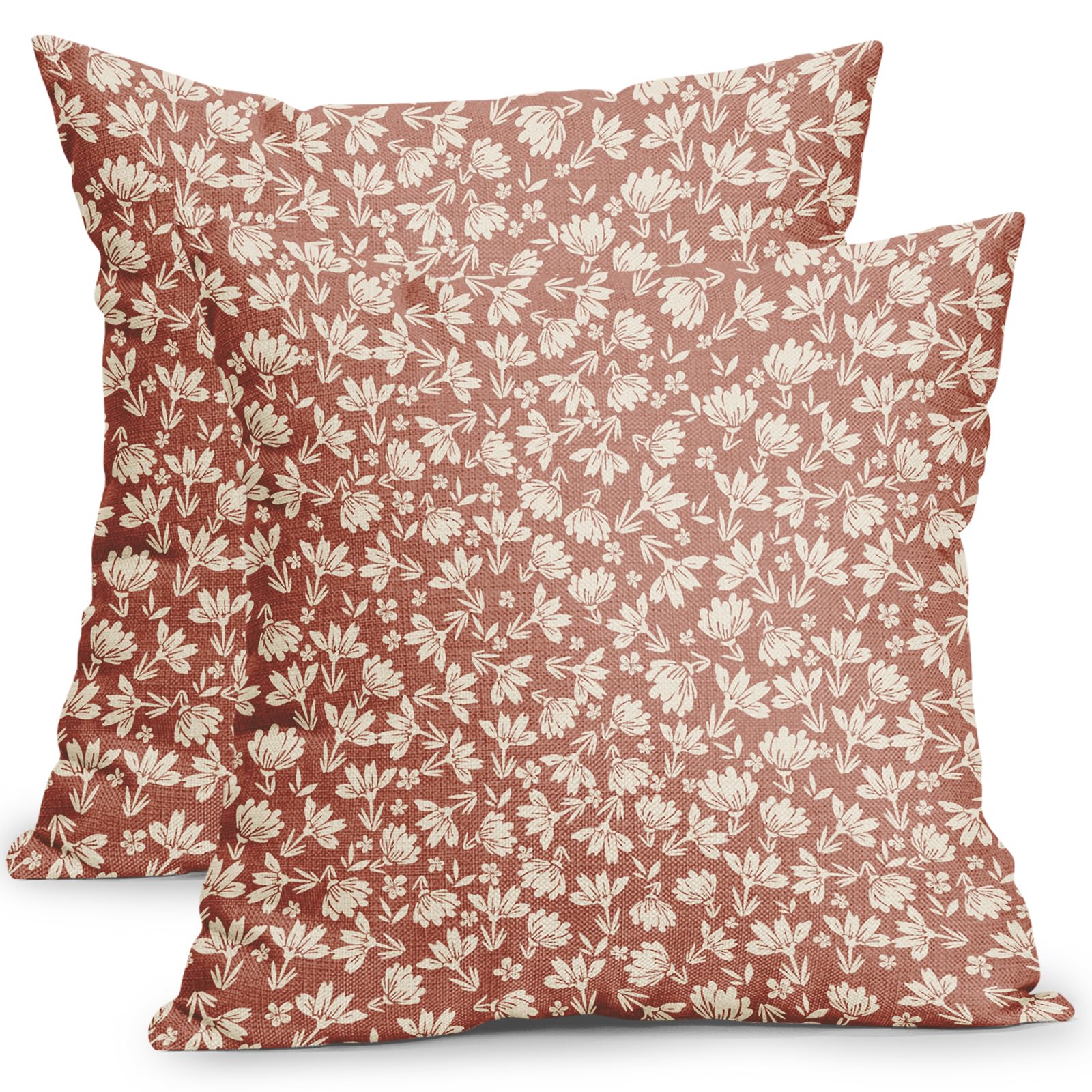 Kawani Burnt Orange and Cream Floral Pillow Covers 20x20 Inch Set of 2 Vintage Flower Outdoor Decorative Throw Pillows Small Floral Block Print Rustic Farmhouse Pillowcases for Couch Decor