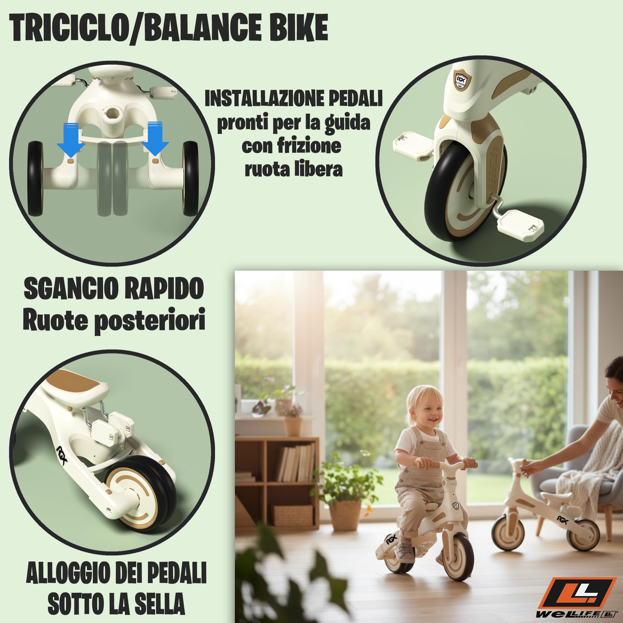 WeLLIFE RGX Triciclo Evolutivo 5 in 1 per Bambini 1-3 Anni | Con sedile girevole 360, maniglione genitore, cappottina parasole, cinture e montaggio senza attrezzi