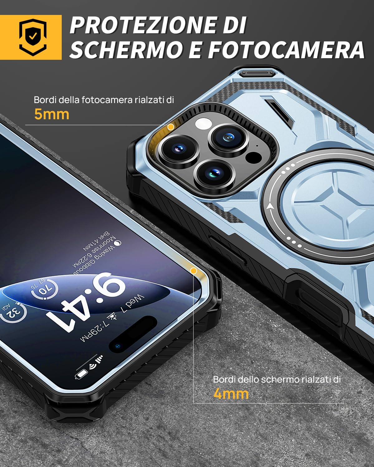 Lanhiem Cover per iPhone 16 Pro Max con 2 Pezzi Vetro Temperato, 14FT Antiurto Anticaduta Militare,Supporto Magnetico Anello a 360° Protezione Armor Protezione, Custodia per iPhone 16 Pro Max, Blu