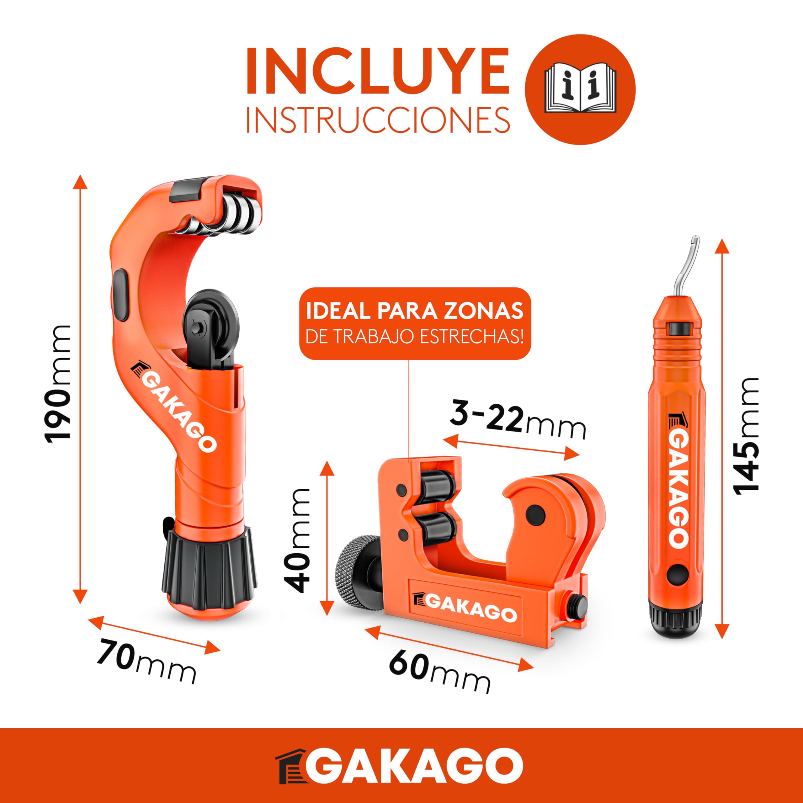 Juego de cortatubos Gakago 3-50mm con desbarbador - Cortatubos versátil para todos los metales comunes como acero inoxidable, cobre, aluminio, acero o plástico (p.ej. PVC & PE)