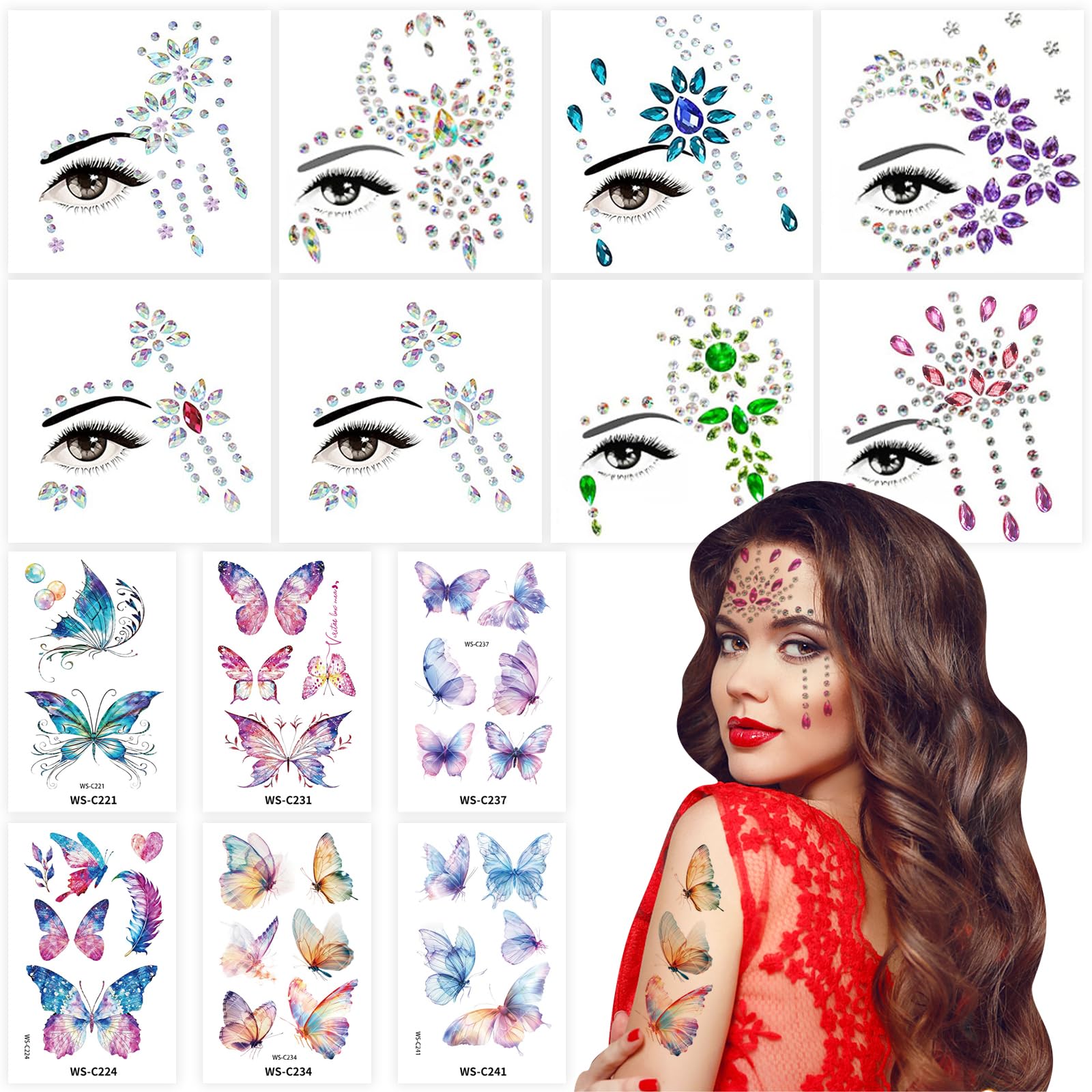 JSTHHTT 8 PCS Face Gems Glitter and 6 PCS Temporary Butterfly Tattoos, Rhinestone Face Glitter, Festival Face Stickers Set