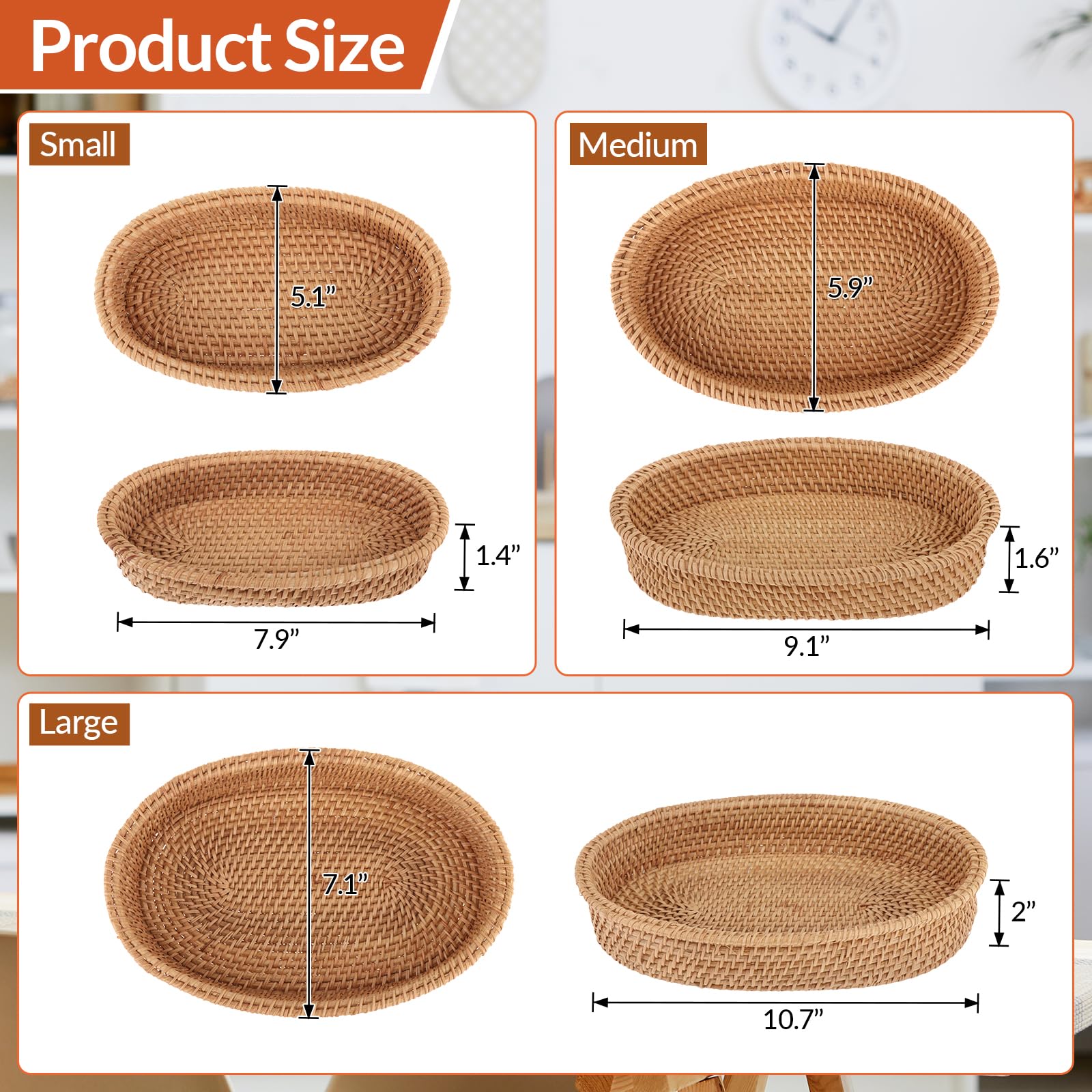 QLoztyse Bread Baskets for Serving - Bread Warmer Rattan Wicker Basket for Table Dinner Rolls Cracker and Snack Wicker Fruit Woven Basket Wicker Storage Bowls for Kitchen Counter Organizing,Set of 3