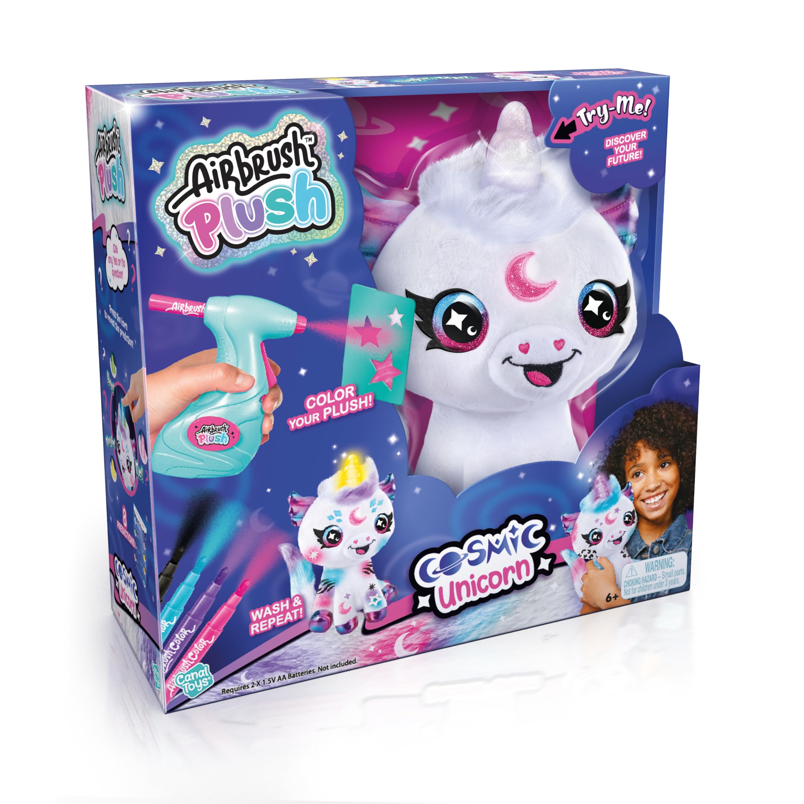 Airbrush Plush Cosmic Light Up Unicorn! Decorate, wash, Repeat! Customize Your own Spray Art Plush. Light up Fortune teller's Horn. Ages 6+