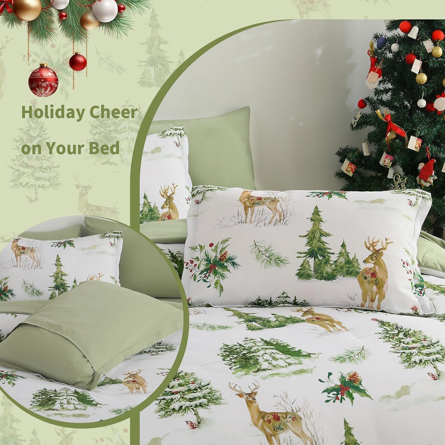 DJY Christmas Comforter Set Queen Size 7 Piece Reindeer Christmas Tree Green Bed in a Bag, Soft Microfiber Winter Xmas Festive Holiday Decorative Comforter Bedding Set(90''x90'', 7Pcs)