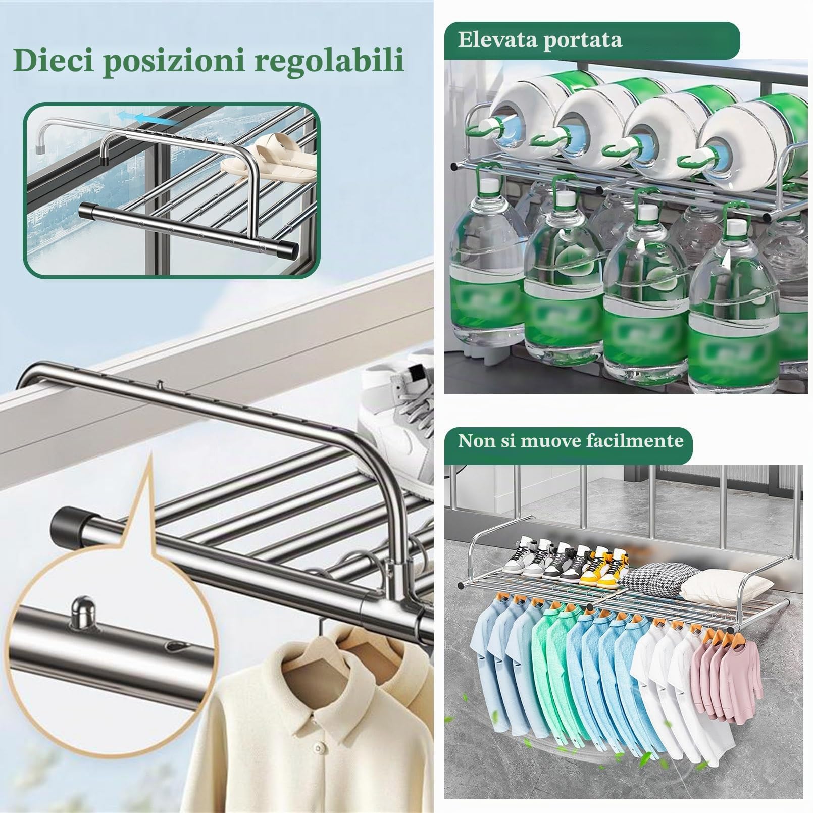 Stendino da Balcone in Acciaio Inox Allungabile per Uso Interno ed Esterno, Per Vestiti e Scarpe, Mit Verstärkungsleiste, 10-Loch-Verstellung, Stendibiancheria (86-160cm)