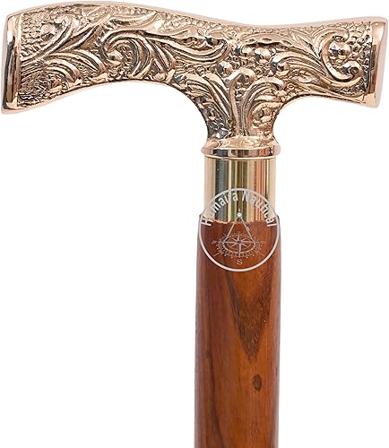 Miniatura 4 de Humaira Nautical Bastón de madera hecho a mano con mango de latón macizo adornado, bastón atemporal de inspiración vintage para hombres y mujeres