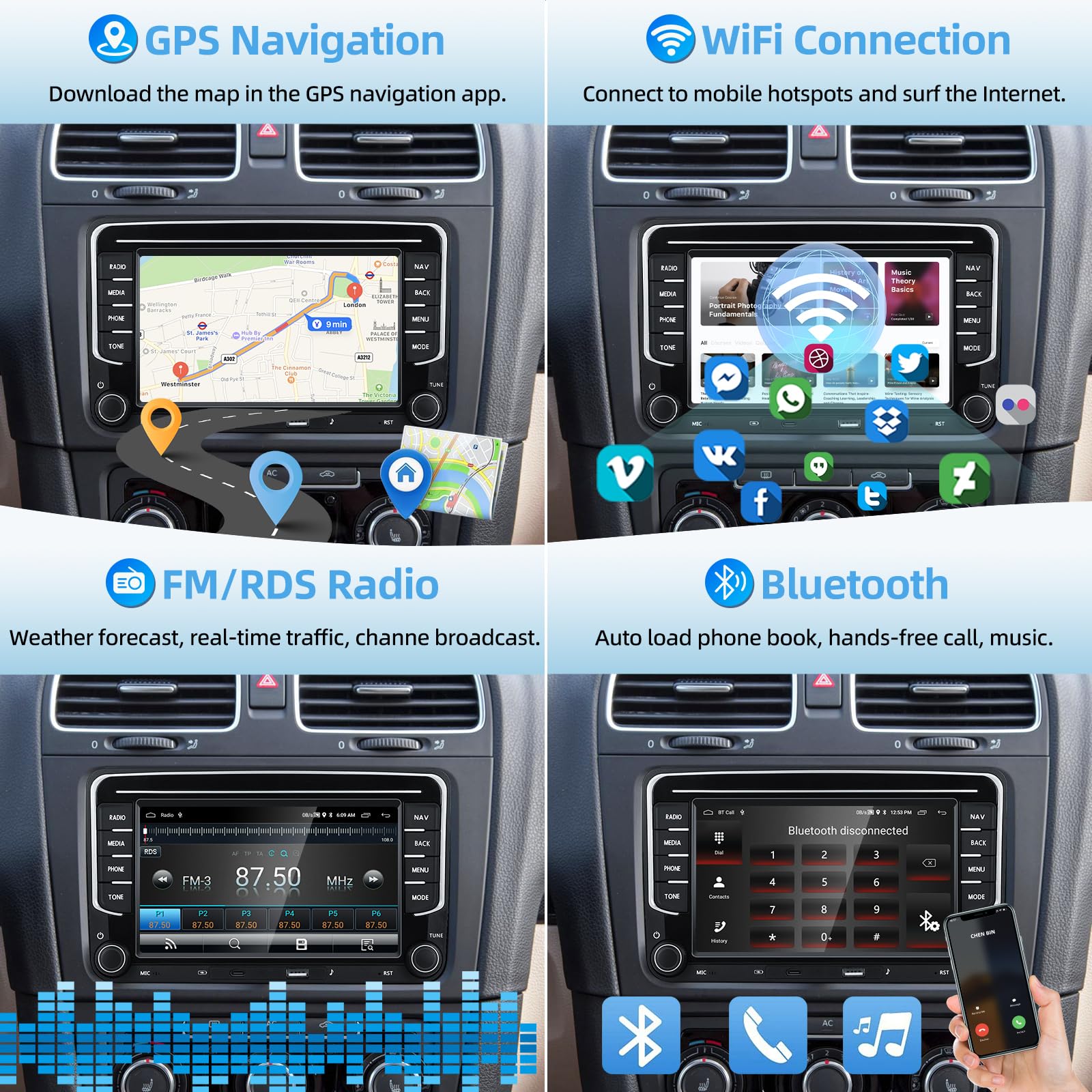 Autoradio 2+64G per VW Seat Passat Golf 5 6 Polo Skoda con Carplay Android Auto,Radio Stereo Android 15 da 7'' con GPS/WiFi/Bluetooth/EQ/FM/RDS/Type-C,Telecamera di Retromarcia AHD e Microfono