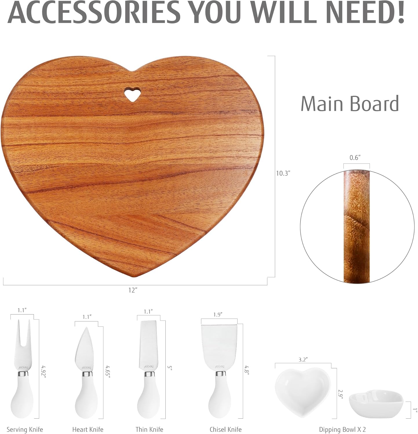 hecef 7pcs Cheese Board Set, Charcuterie Boards Set with Knives & Ceramic Bowls, Heart-shape Serving Board Set for Birthdays, Weddings, Housewarming (White) - Image 3