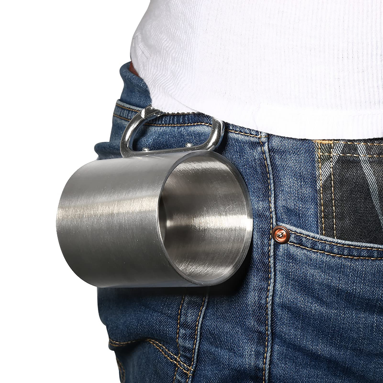 Taza Con Mosqueton, 220ml Taza Portátil de Acero Inoxidable Ideal para Viajes, Camping, Senderismo y Deportes al Aire Libre