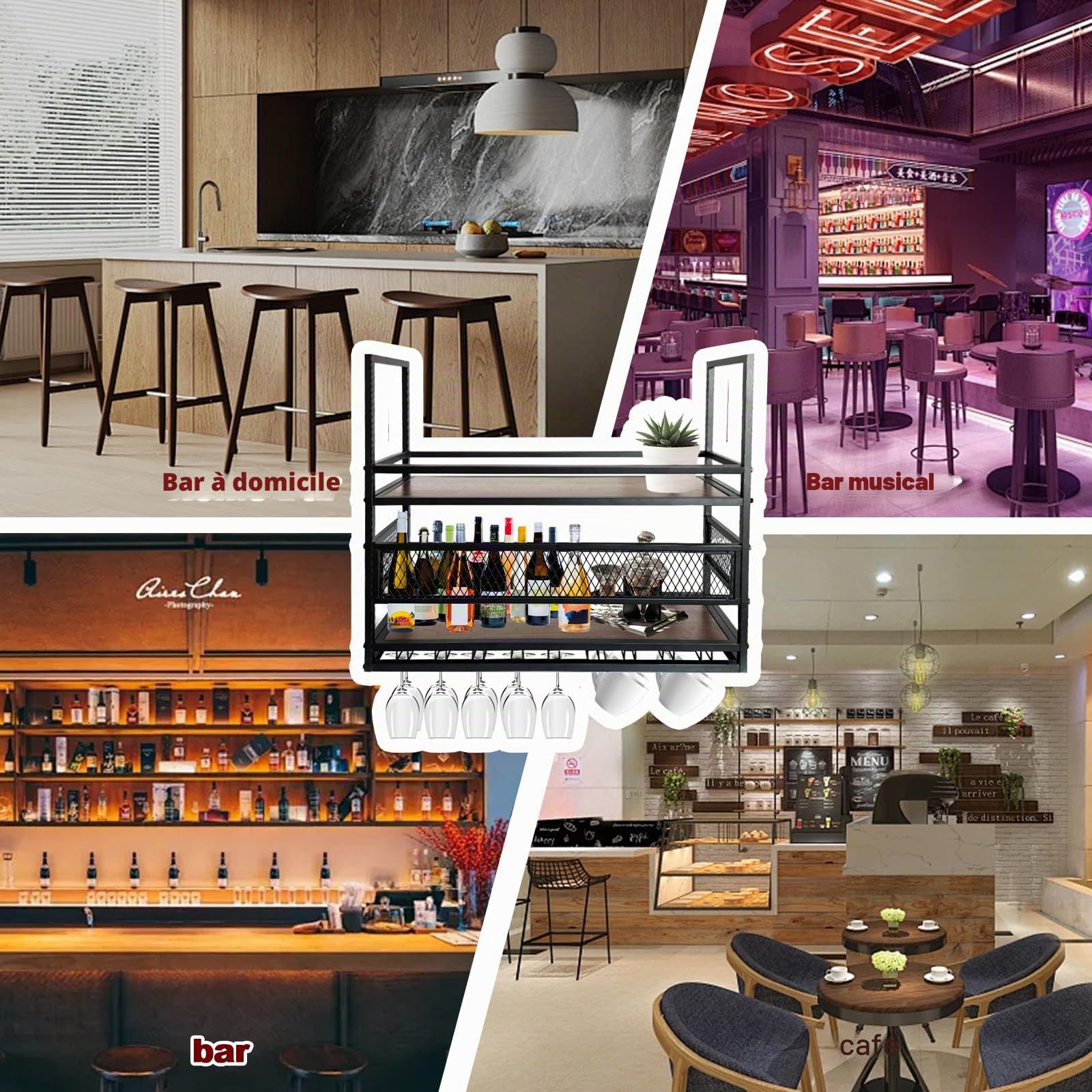 Plafond Bouteilles Suspendu,Porte-Verres à vin Suspendu en métal， Porte-Verres à vin Suspendu à 2 Niveaux, pour Bar, Restaurant, café et Cuisine (Or, 100cm) | Comprend un support pour verres, pour la cuisine et les bars, affichage et rangement