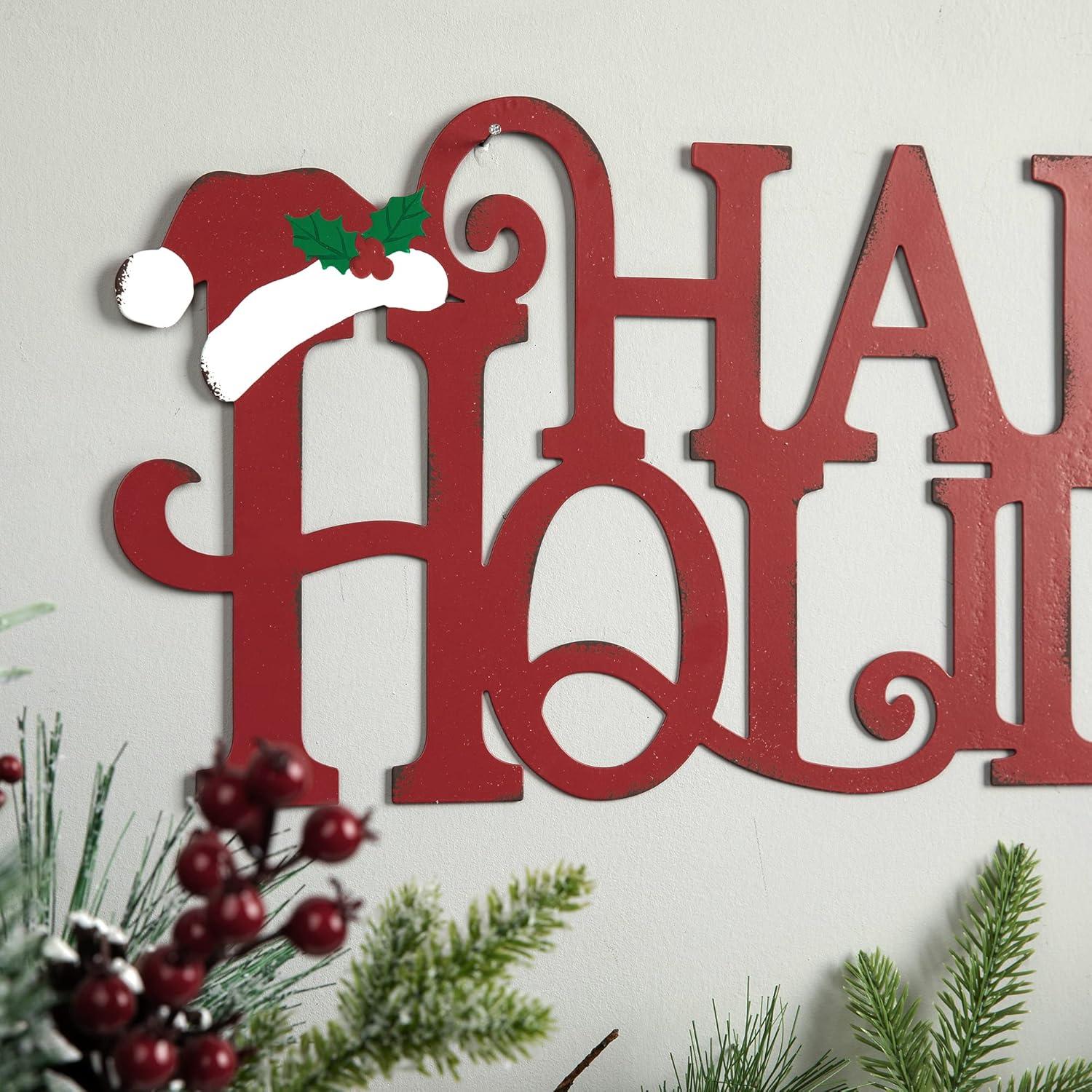Glitzhome Happy Holidays Wall Sign, Metal Cutout Words Christmas Wall Decor, Rustic Xmas Letters Yard Sign, Decorative Hanging Wall Decor Sign, Christmas Outdoor Sign for Home Garden, 24×9 Inch