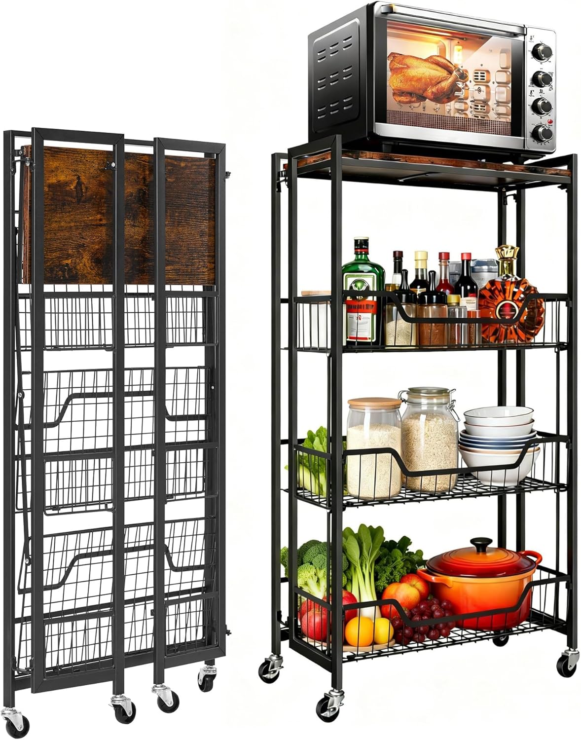 PeakPursuit Large 4-Tier Collapsible Wooden Storage Shelf – Heavy Duty 100 lbs Capacity, Locking Wheels – Space-Saving Organizer for Kitchen, Garage, Workshop, Home – No Assembly Required - Image 2