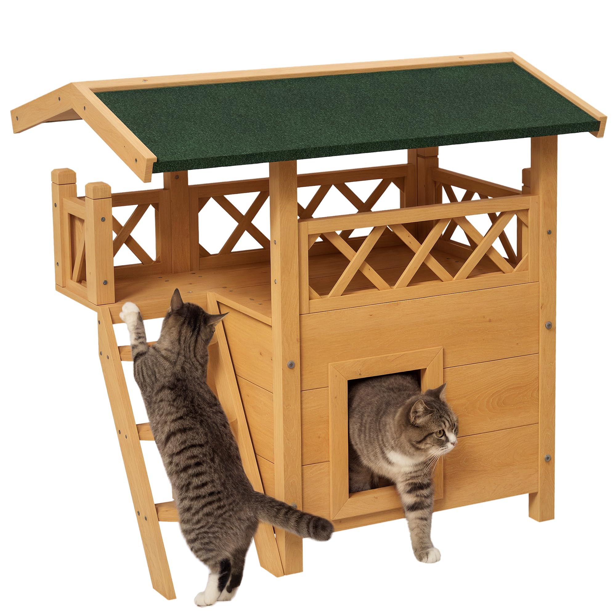 PawHut Casa para Gatos de Madera 77x50x73 cm de 2 Niveles con Techo Asfáltico, Escalera y Balcón para Exterior Natural