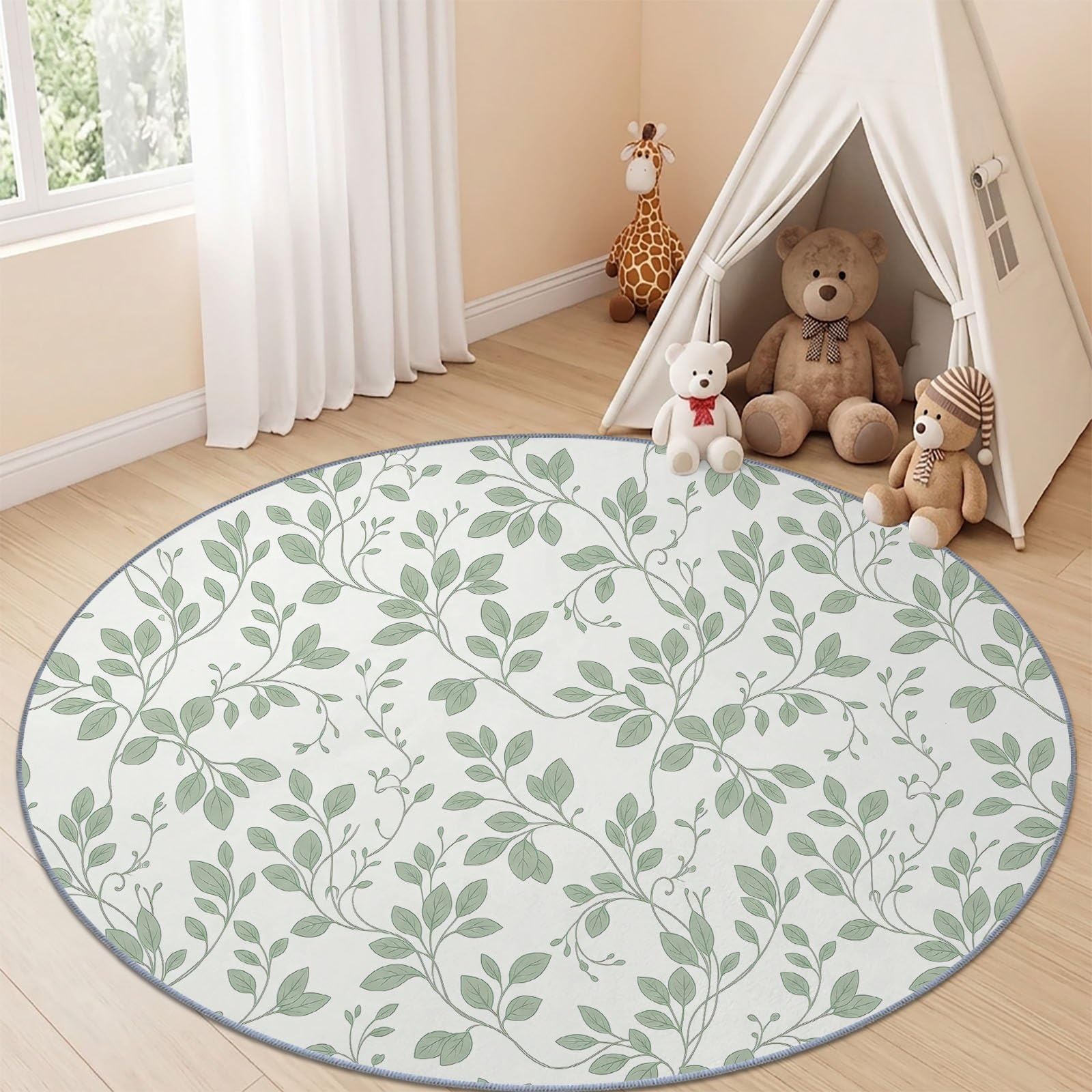 Campagne Minimaliste Tapis Salon 160 cm Feuilles Feuillage Vigne Botanique Vert Blanc Rond Lavable en Machine | Chambre Rugs, Descente de Lit Carpets, AntidéRapant, Chambre Carpet, Doux Poil Ras
