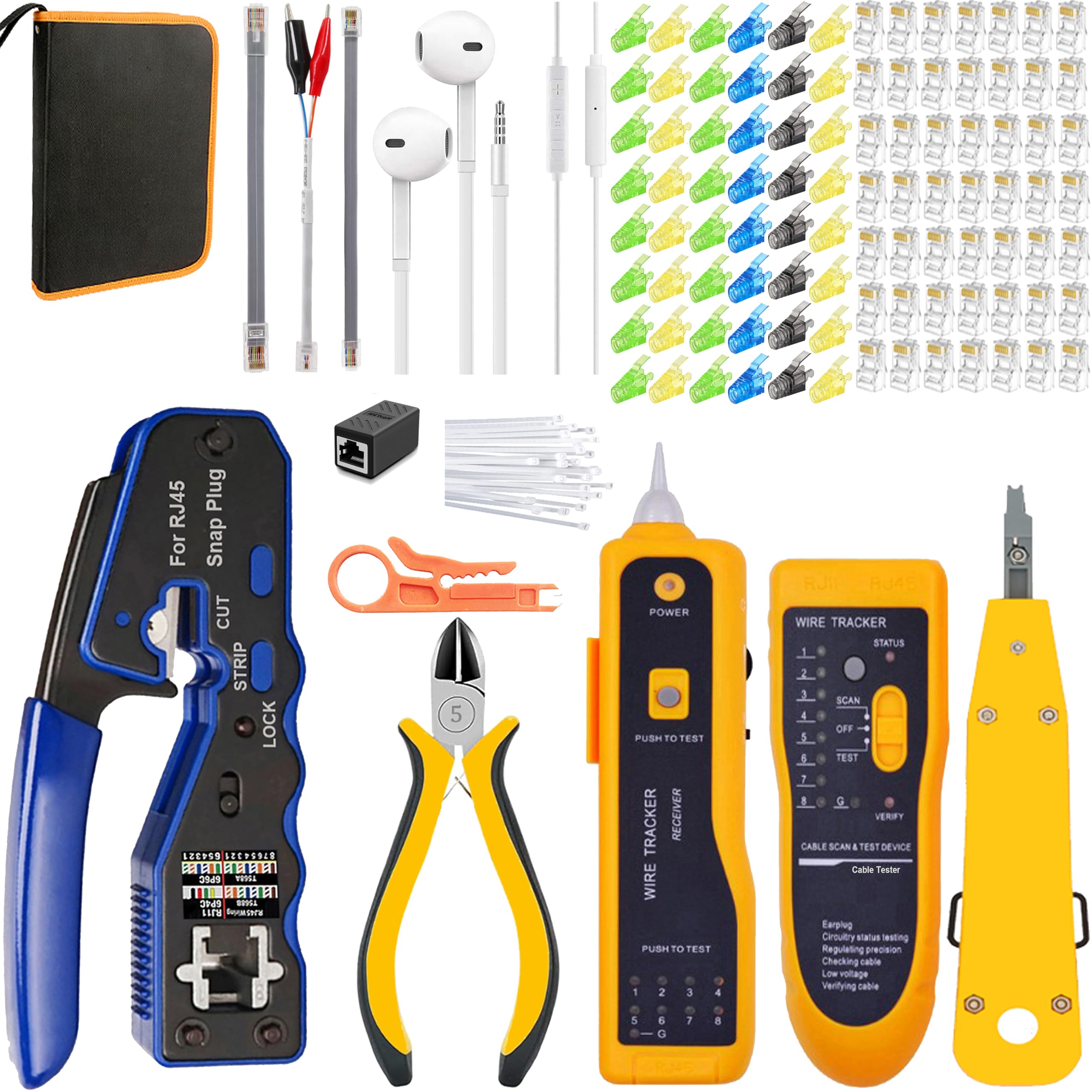 LEATBUY Pince à sertir Cat5/Cat5e/Cat6 Pince à sertir RJ45 pour RJ11/RJ12 pour passage régulier avec 50 connecteurs, 50 couvertures pour dénuder les fils réseau (Bleu)