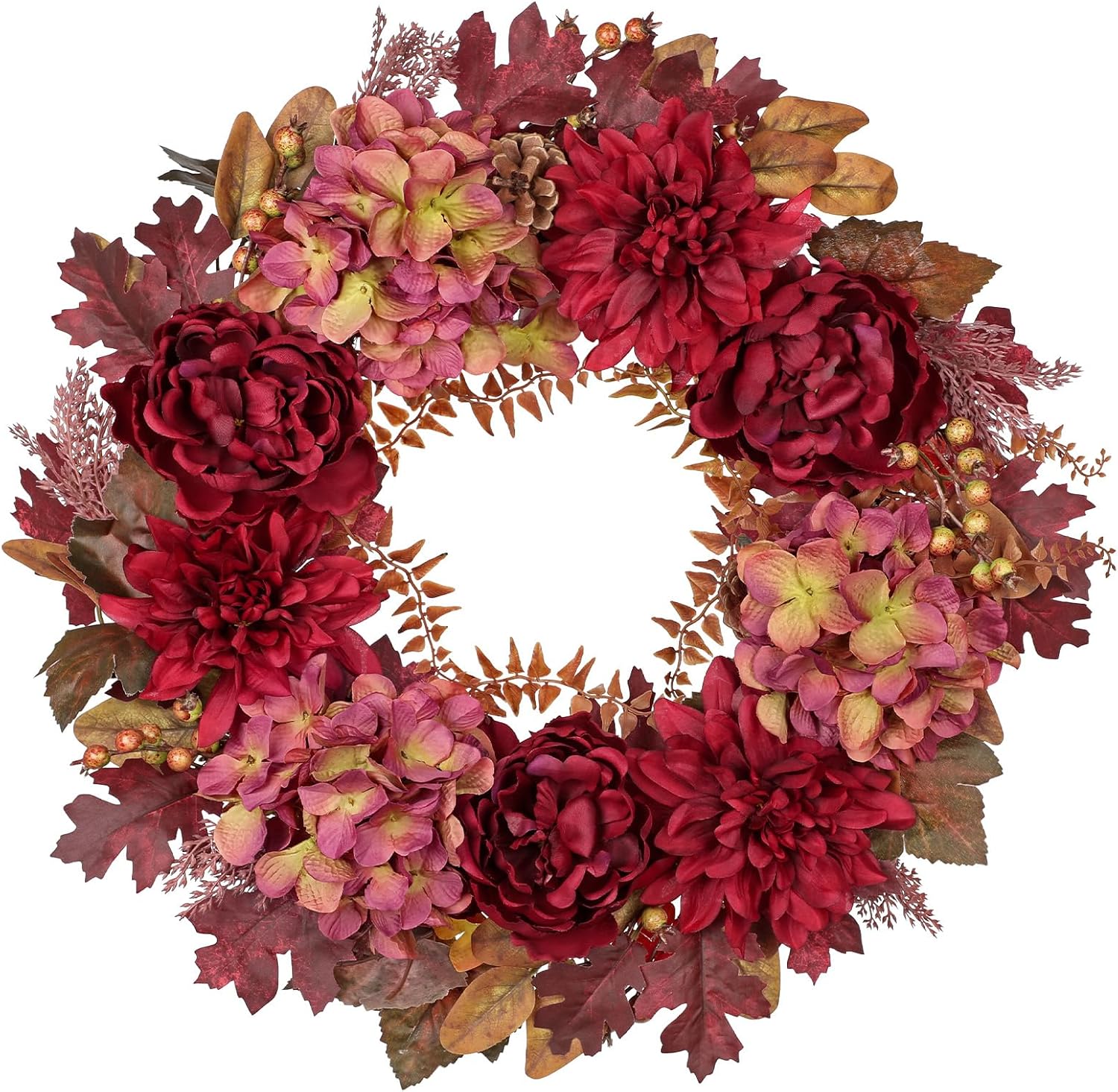 Hollyone 24inch Fall Wreath for Front Door Fall Decor Autumn Wreath Artificial Flower Wreaths with Hydrangea Peonies Dahlia Handmade Outdoor Indoor Halloween Farmhouse Harvest Decorations for Home Pink Hydrangea