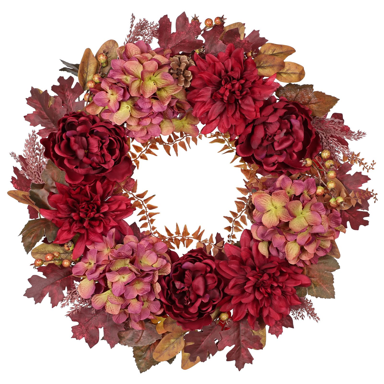 Oairse 24" Autumn Wreath, Artificial Hydrangea Wreath with Peony Dahlia — image 1