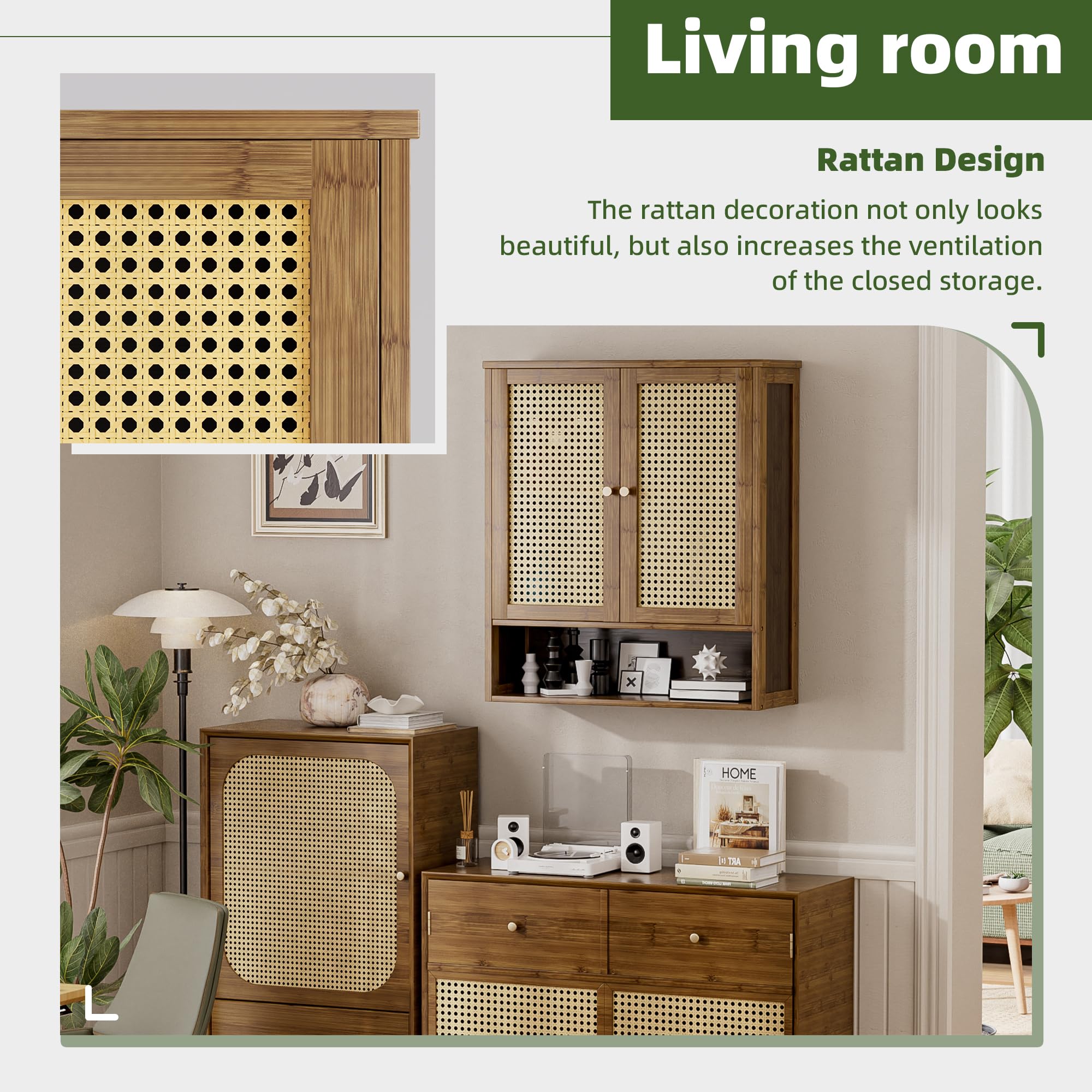 Armoire Murale de Salle de Bain en Bambou avec 2 Portes en rotin et étagère réglable, Armoire à Pharmacie économiseur d'espace pour Linge, Cuisine, Salon (Noyer)