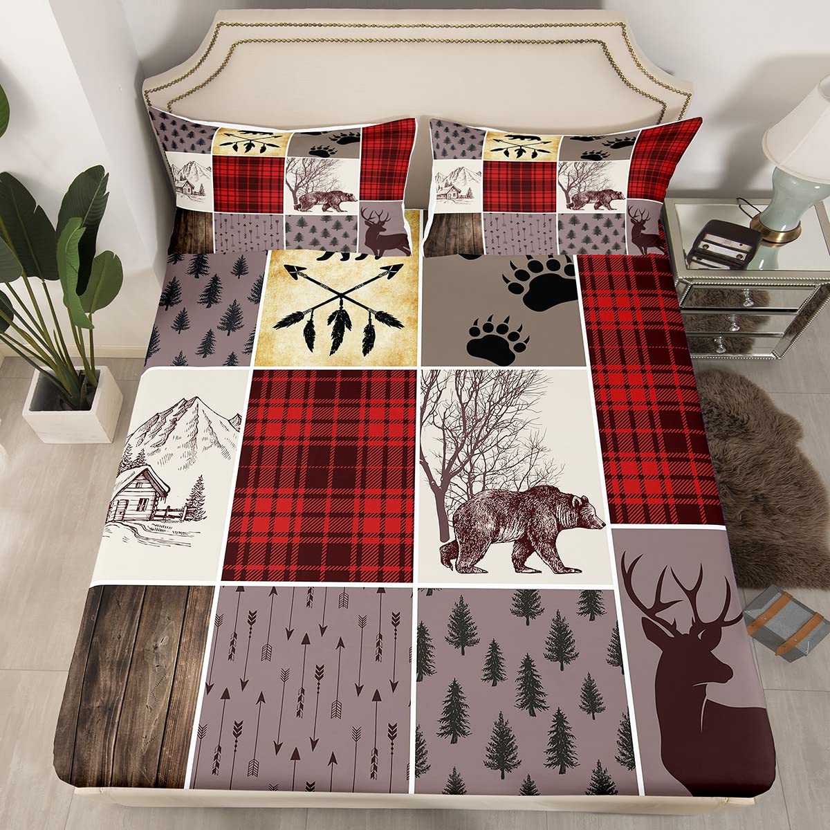 Hunting Bear Deer Fitted Sheet For Kids, Retro Rustic Cabin Bed Sheets Queen Size, Farmhouse Country Lodge Sheet Set Cowboy Animal Bedding Set Grid Claw Wildlife Adventure For Men Bedroom, Red Brown