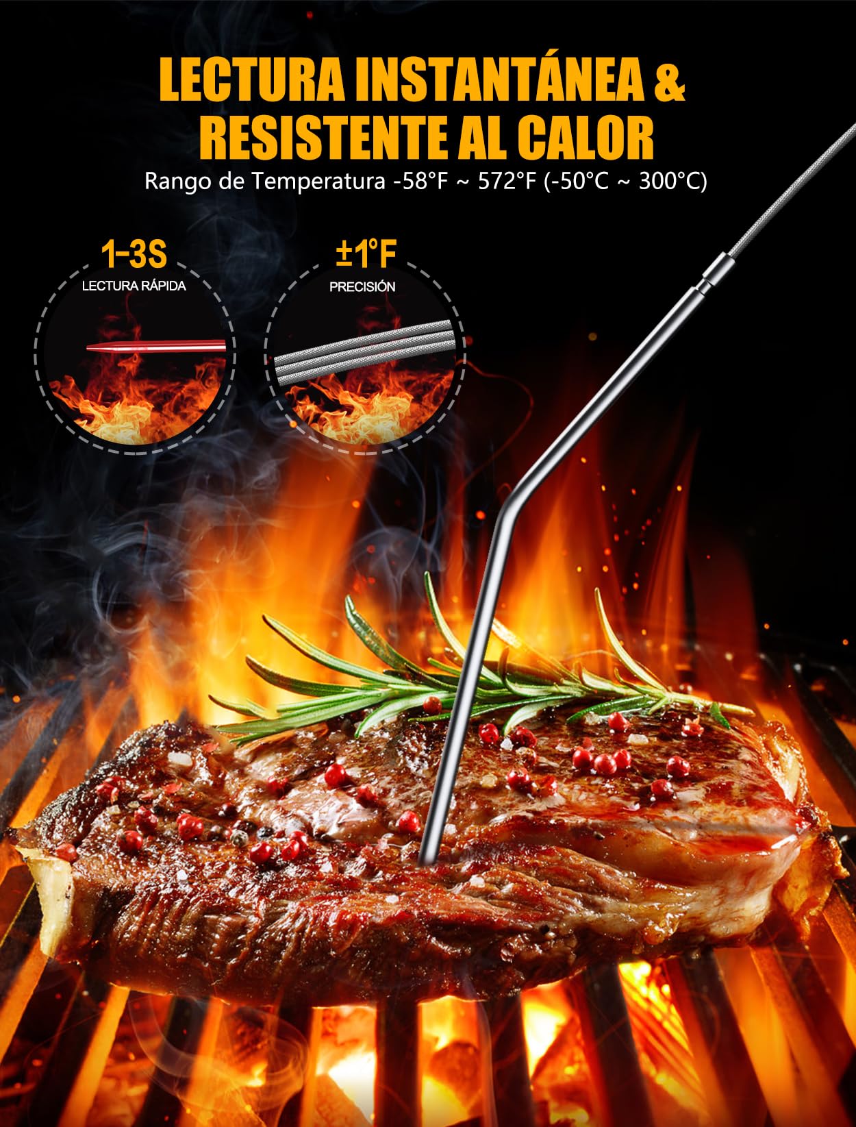 CIRYCASE Termometro Cocina, Termometro Carne Digital de Lectura Rápida & Precisa con Sondas Duales 16.3cm, Retroiluminada & Alarma Temporizador, Termometro Horno Apagado Auto para Parrilla/Horno/BBQ