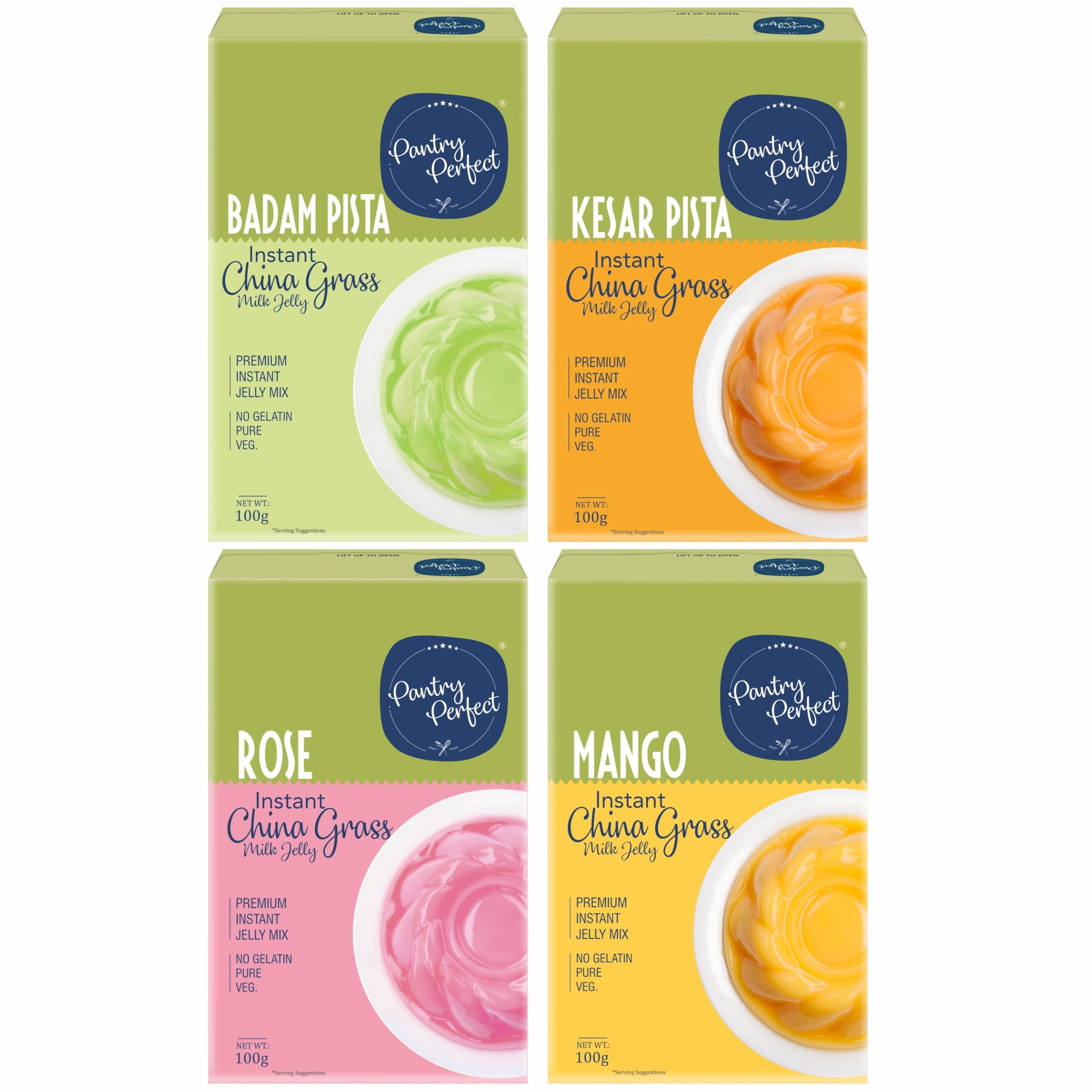 Pantry Perfect Badam Pista, Kesar Pista, Rose & Mango China Grass - Pack of 4 (Each 100g) I Milk Jelly I Perfect for Desserts, Cakes, Puddings & Jelly | Vegetarian I Gelatin Free-image-5