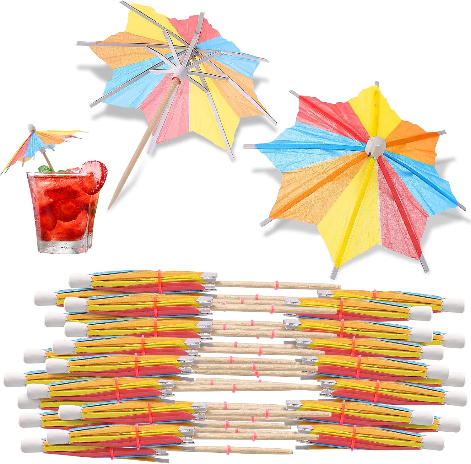 40 sombrillas de cóctel para bebidas de verano, coloridos árboles tropicales, paraguas de papel, palillos de bambú hechos a mano para decoración de