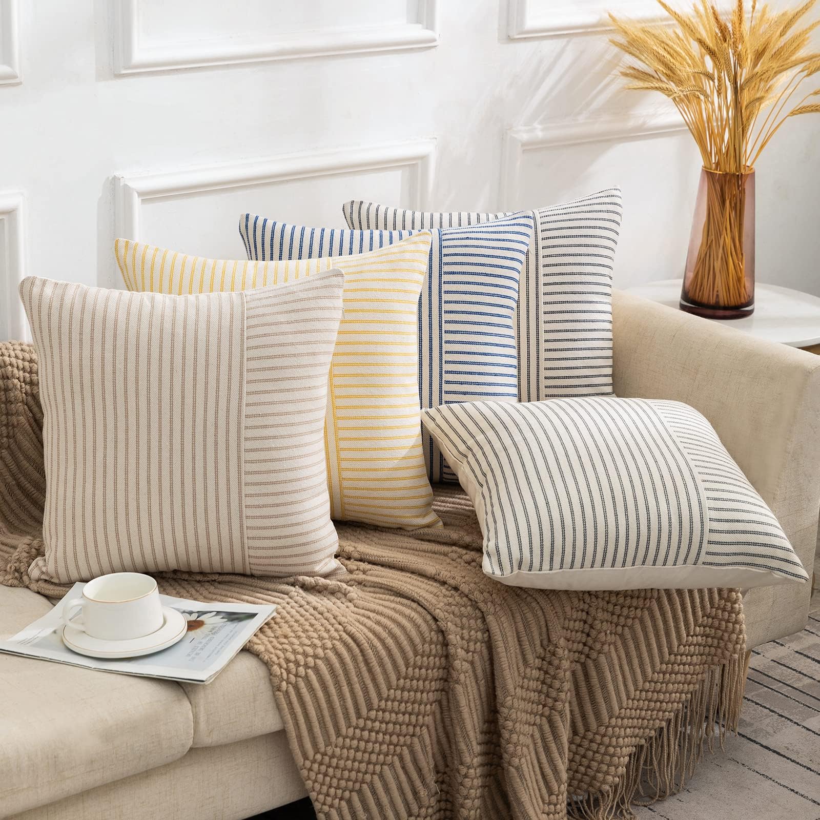 Set di 2 federe per cuscini, quadrate, moderne, a righe, patchwork, in lino, decorative, per divano, sedia, camera da letto (nero, 50 x 50 cm (confezione da 2)